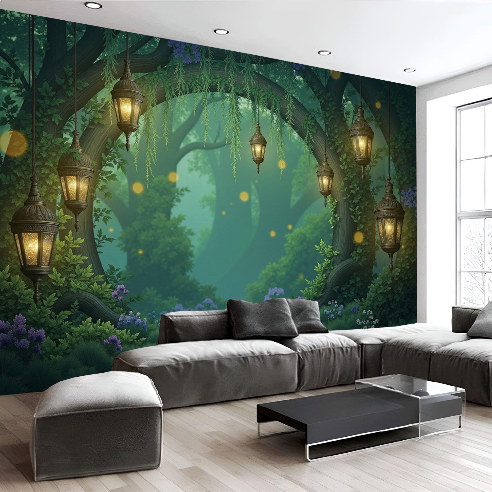 Papier peint panoramique forêt fantastique turquoise, décoration murale 3D haut de gamme