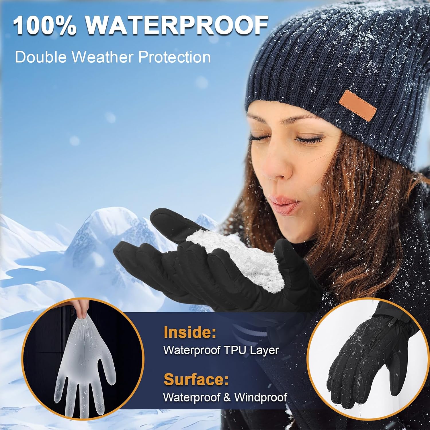 Ski Gloves for Men Women Waterproof Insulated, Winter Snow Gloves for Extreme Cold Weather with 3M Thinsulation, Warm Touchscreen Anti-Slip Glove with Zipper Pocket for Skiing Snowboard Alaska Cruise