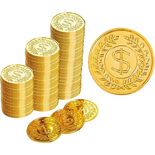 100 Pieces Plastic Gold Coins, Pirate Coins Bulks for Halloween,St.Patrick's Day Treasure Hunts, Chests, Cauldrons Decorations & Party Favors