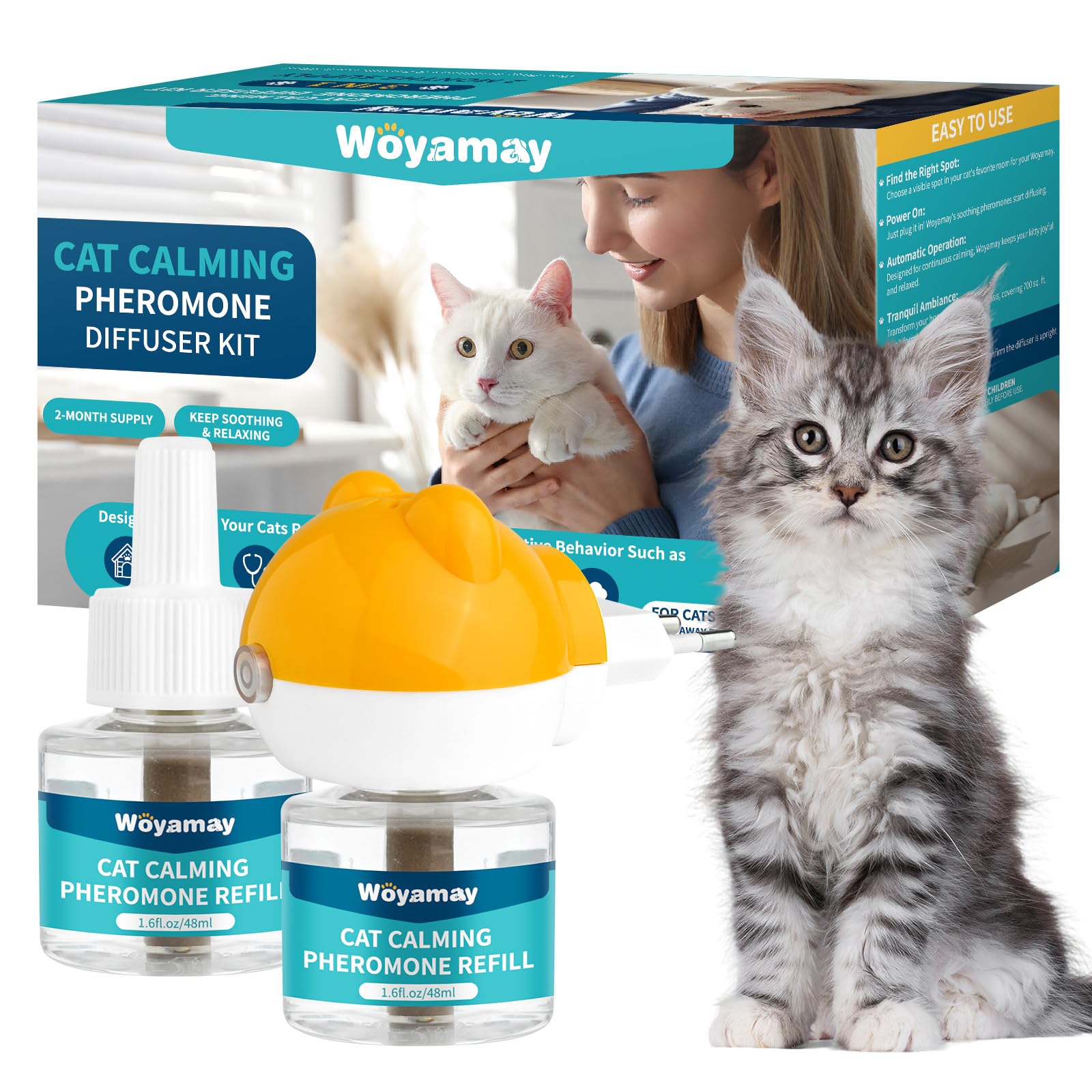 Woyamay Diffusore Feromoni per Gatti con 1 Diffusore + 2 Ricariche 48 ml, Calmante eTranquillante per Gatti, Antistress Gatto Fino a 60 Giorni