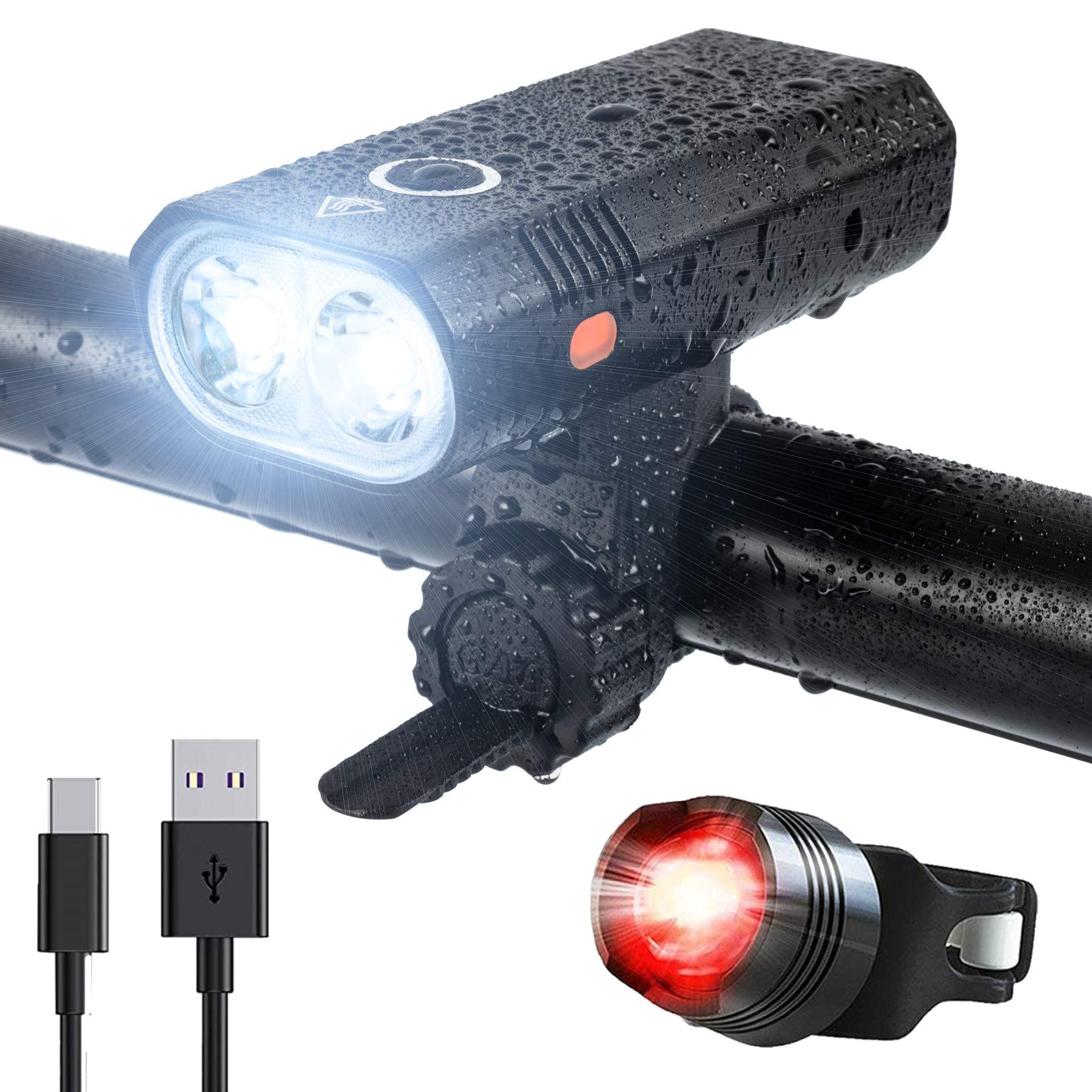 USB Rechargeable 2 LED Bike Lights Set, Super Bright Front and Back Rear Bicycle Light Combo, IPX5 Waterproof 800LM Cycling Light, Mountain Road Helmet Cycle Headlight and Taillight Set (5 Modes)