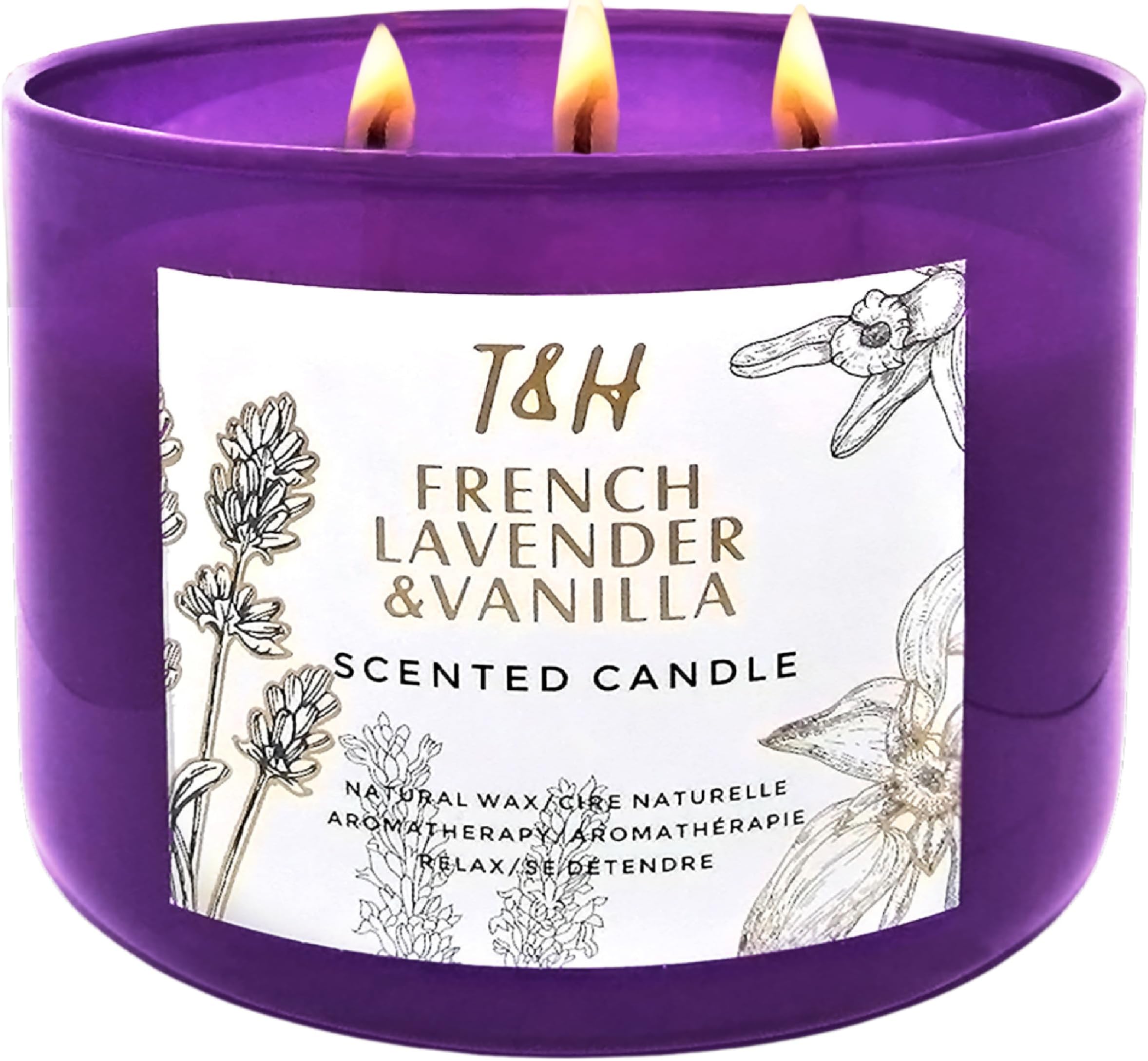 T&H French Lavender Vanilla Scented Candles Aromatherapy Gifts for Women | 15.8 oz Soy Candle Long Lasting Scented Candles for Home | Stress Relief Candles 3 Wick | Office Gifts for Women