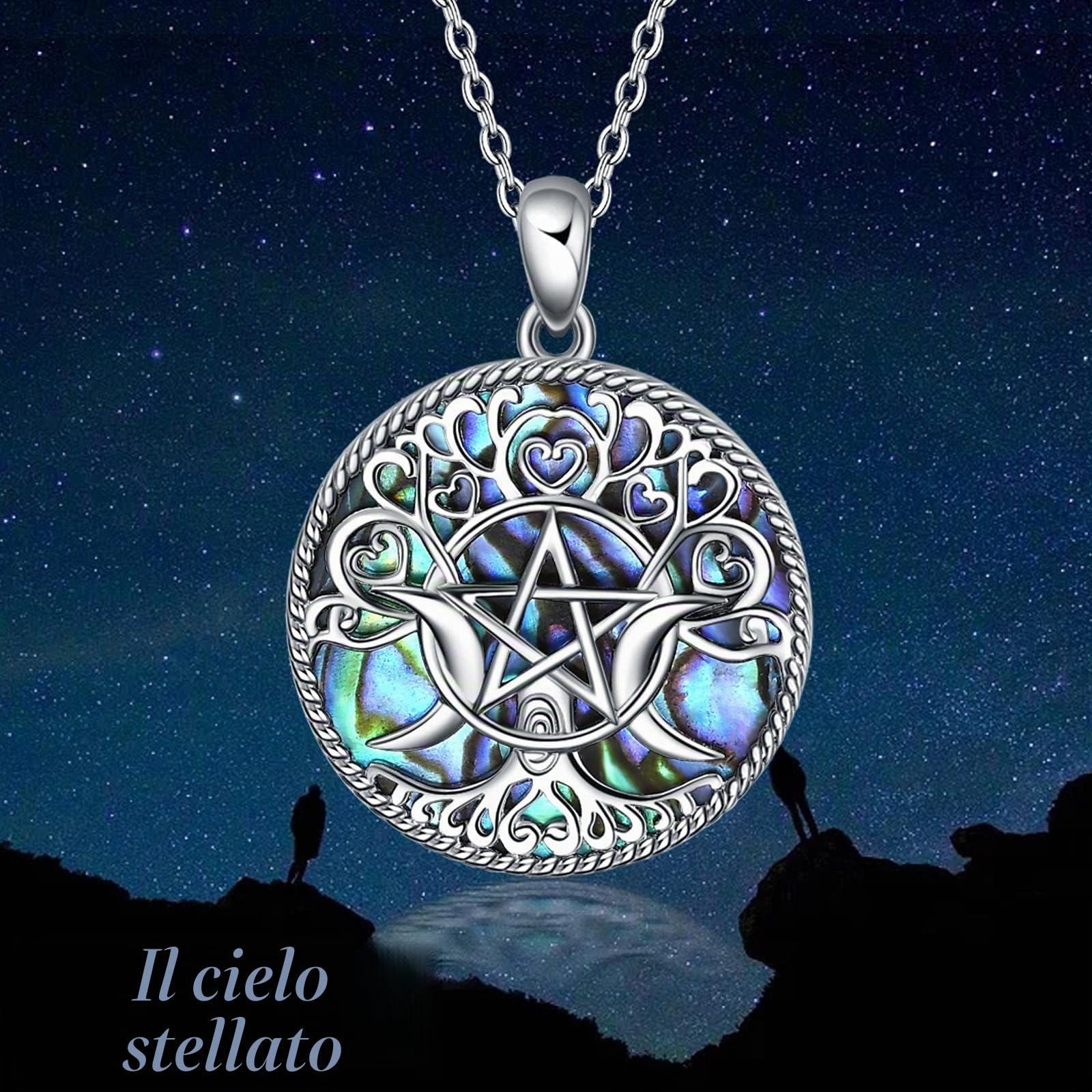 YFN Triple Moon Goddess Collana Pentagramma Pentacolo in argento sterling Collana con ciondolo Pagan Wiccan Magic Amulet Albero della vita Gioielli per donna Uomo