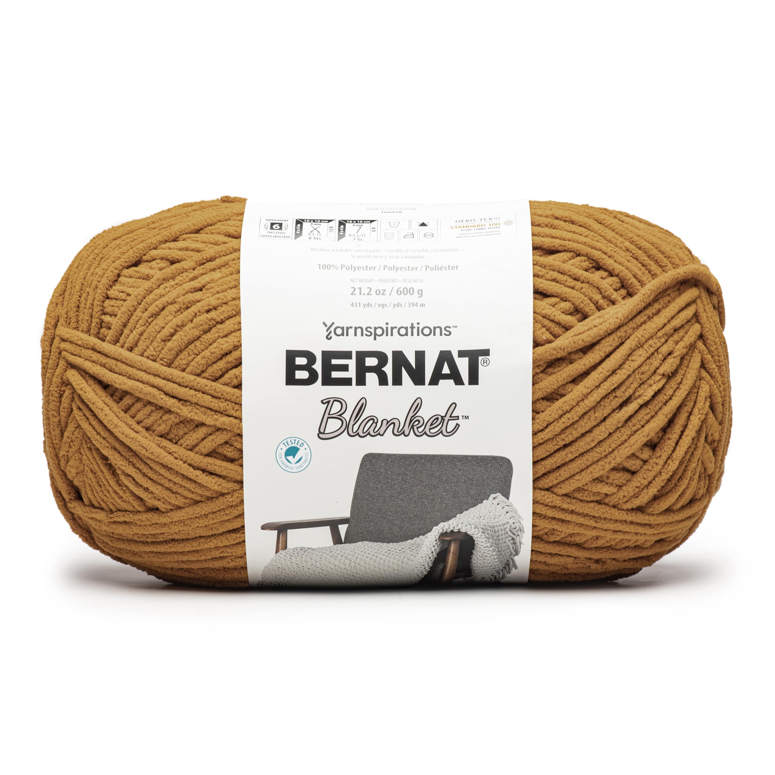 Manta de 600g Bernat color mostaza quemada para tejer tardes de sofá