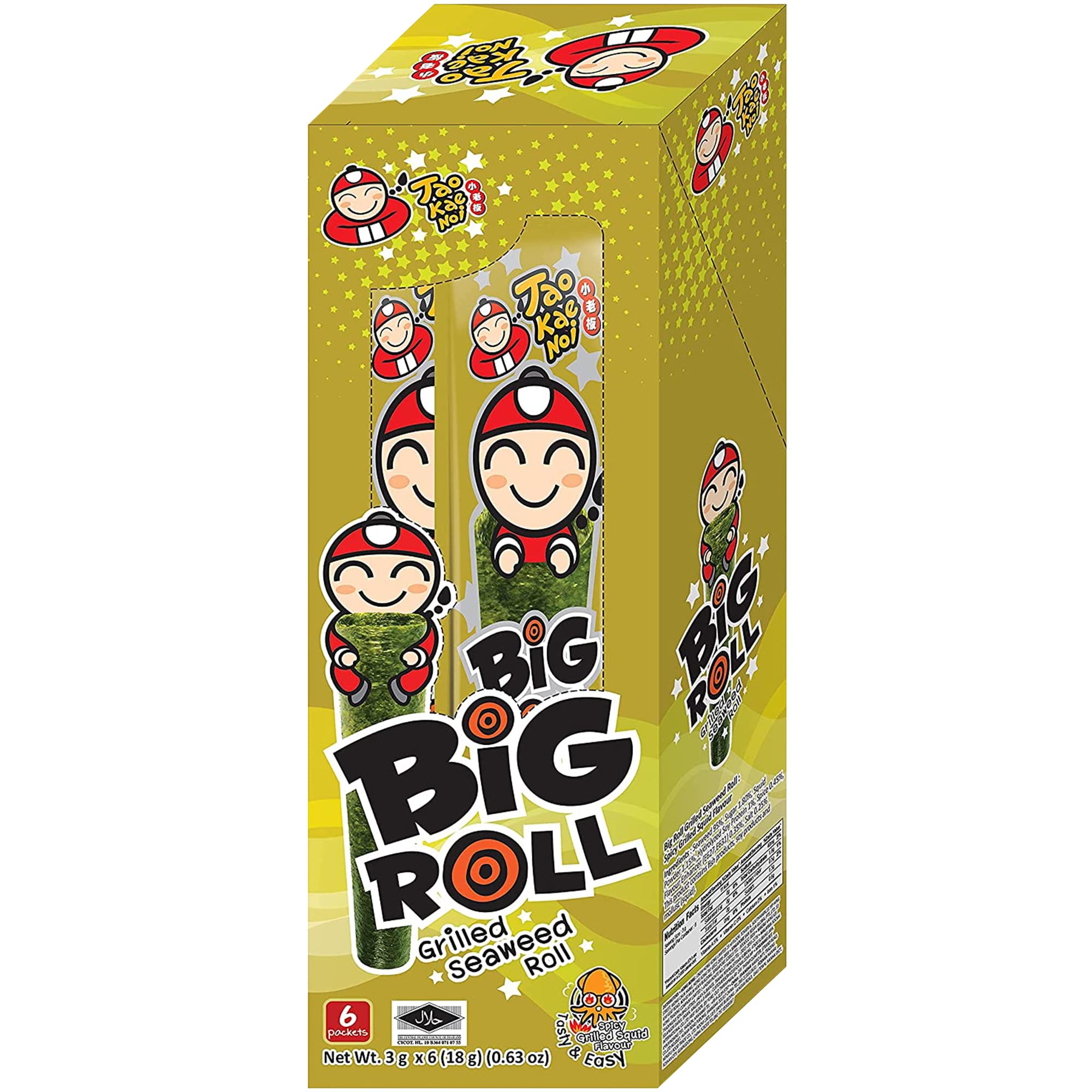 Big Roll Grilled Seaweed Snacks by Tao Kae Noi, Grilled Squid Flavor Grilled Seaweed Rolls, Healthy Nori Sheet Rolls for Kids and Adults, 6 pack, Nori Snacks, 3g Bags