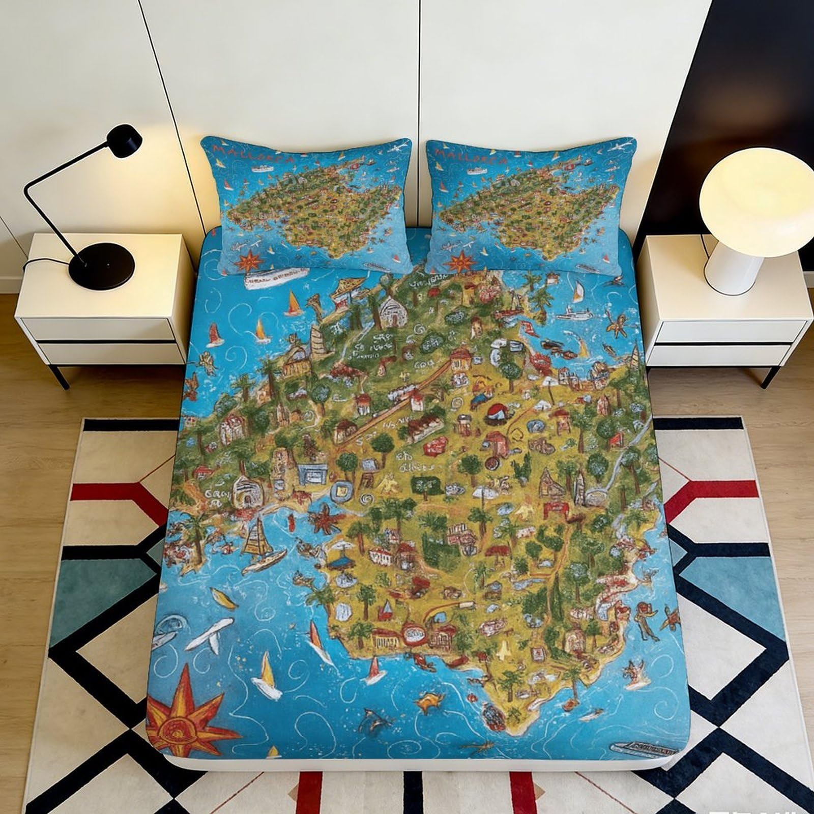 3D Printed Cartoon World Map Fitted Sheet Microfiber Soft Breathable Adventure Bed Cover for Bedroom Guest Room Dorm Decor 90x200x25cm