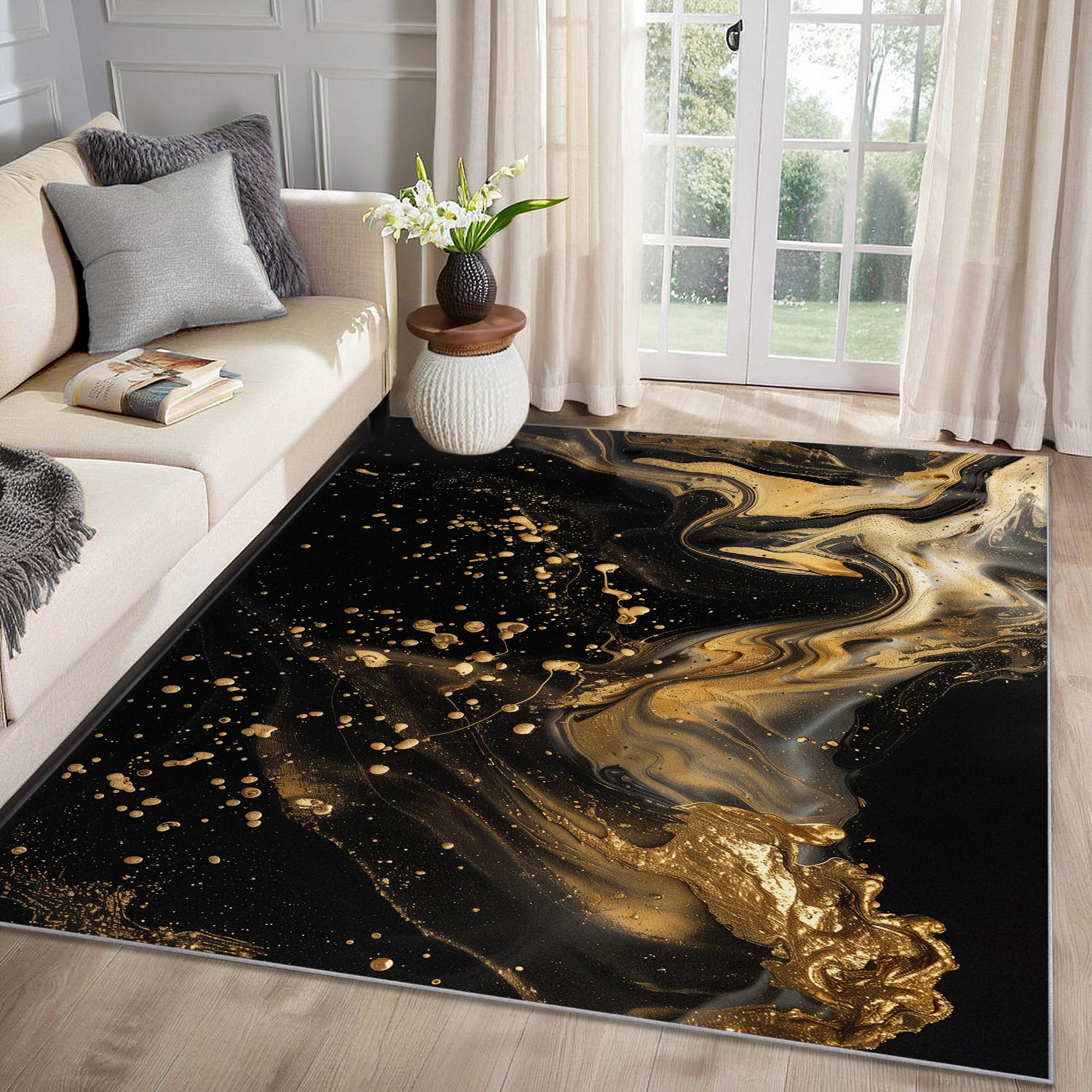 MMYAOKEN Marble Rugs Living Room - Modern Abstract Rug Small 60x90, Black and Gold Patterned Area Rugs for Entryway, Luxury Machine Washable Non Slip Soft Door Mat