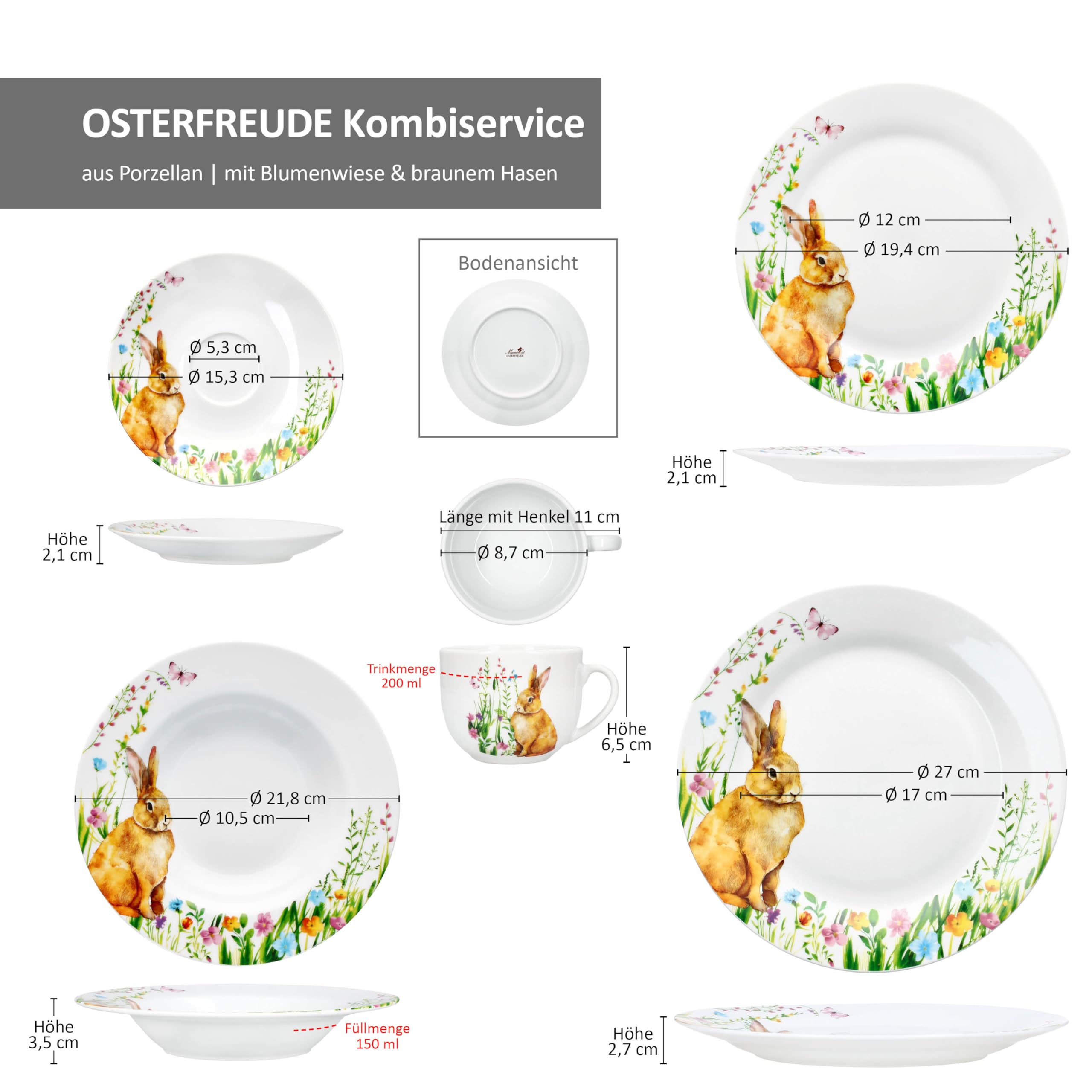 MamboCat 30tlg Kombiservice Osterfreude I frühlingshaftes Porzellan-Geschirrset mit Osterhasen-Dekor für 6 Personen I Je 6x Tassen, Untertassen, Kuchenteller, Suppenteller & Speiseteller
