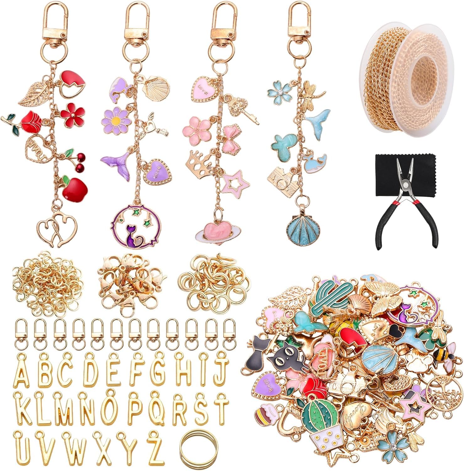 UXORSN 285 Pcs Keychain Making Kit Bag Charm Kit with Cute Charms Key Chain Clips Jewelry Plier Extender Chain Letter Beads Keyring Bracelet Jewelry Making Kit for Women Gifts DIY Crafts Supplies