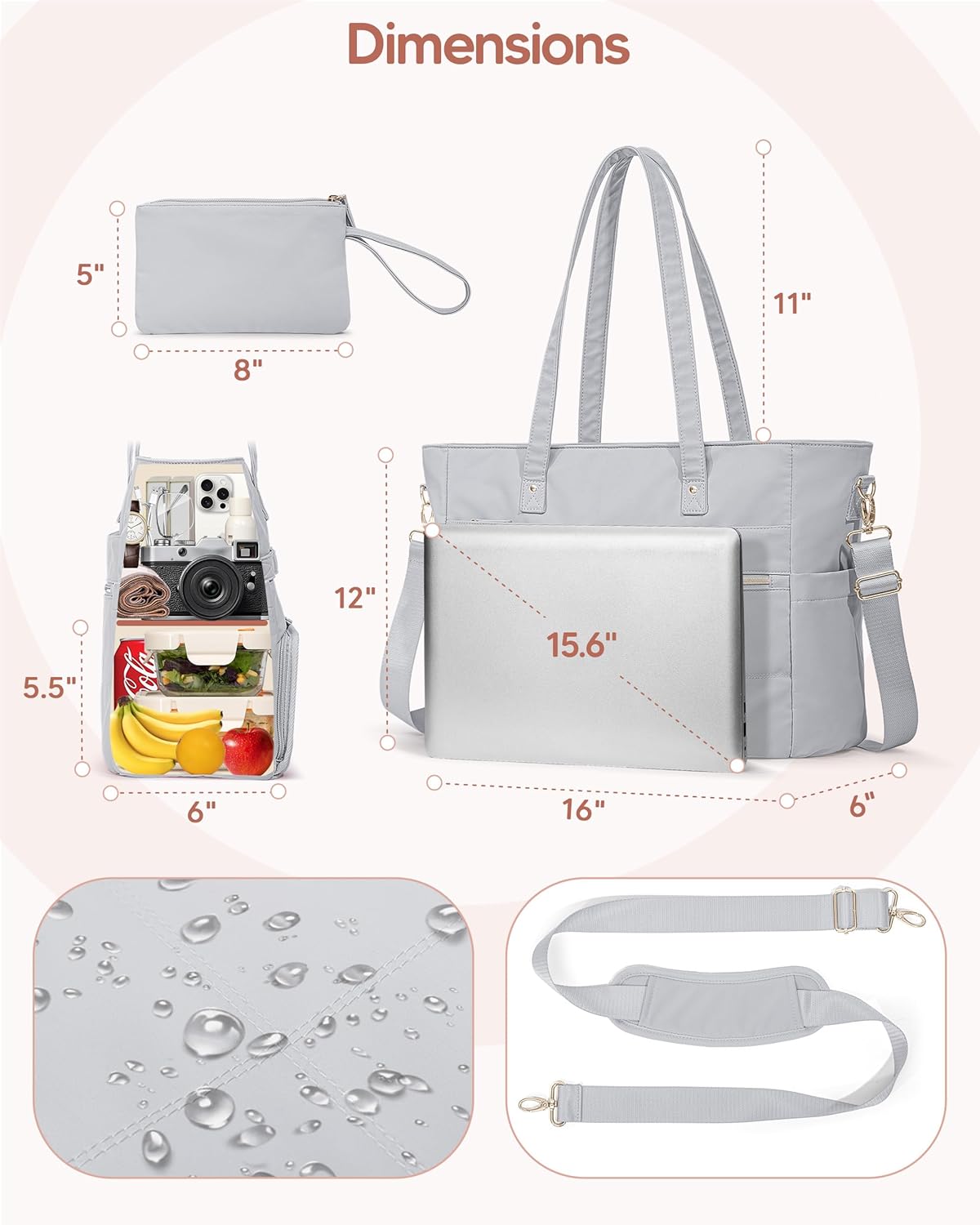 Lunch Tote Bag with Insulated Compartment & 15.6" Laptop Sleeve, Womens Water-Resistant Work Bag for Office with a Purse & Crossbody Strap, Gray - Image 7