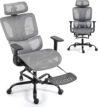 Ergonomic Office Chair with Adjustable Lumbar Support, 3D Armrests & Headrest, 135 Reclining Chair with Footrest, Swivel Desk Mesh Chair, High Back Office, Grey