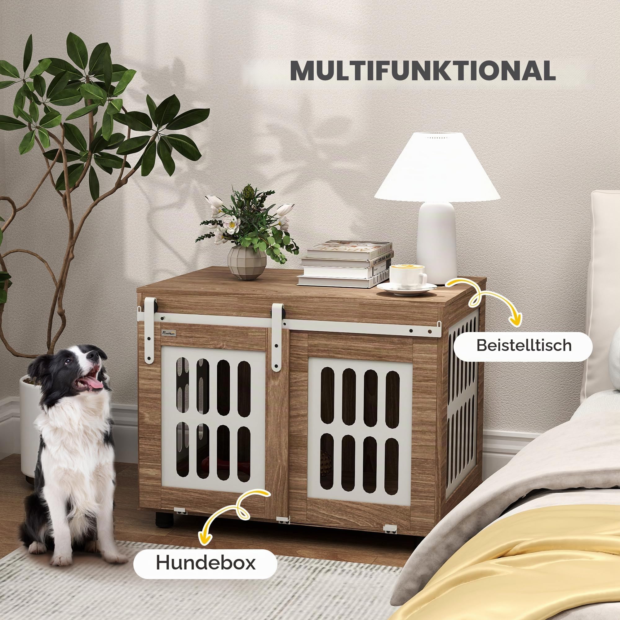 PawHut Hundekäfigmöbel mit Schiebetür, mittelgroßes Hundehaus, Gute Belüftung, Beistelltisch mit verstellbaren Füßen, 80 x 59 x 63 cm, Walnussholz