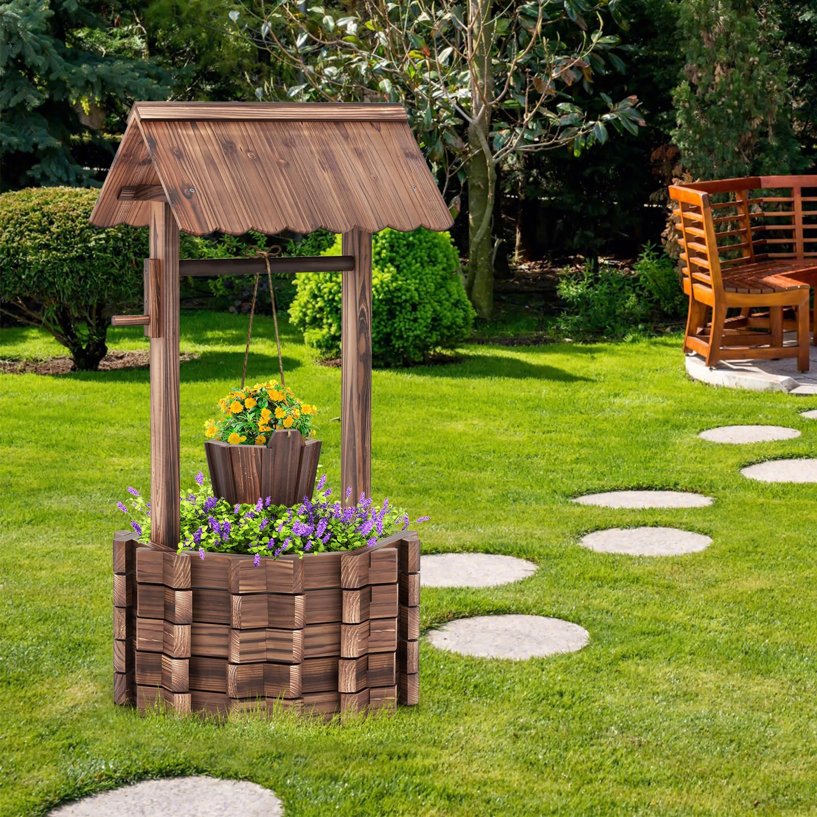 GYMAX Pozzo Decorativo da Giardino, Fioriera in Legno d'Abete con Pozzo, Secchio e Tetto, Resistente alle Intemperie, Effetto Invecchiamento, Decorazione per Prato, Cortile, Giardino, 57 x 57 x 114cm