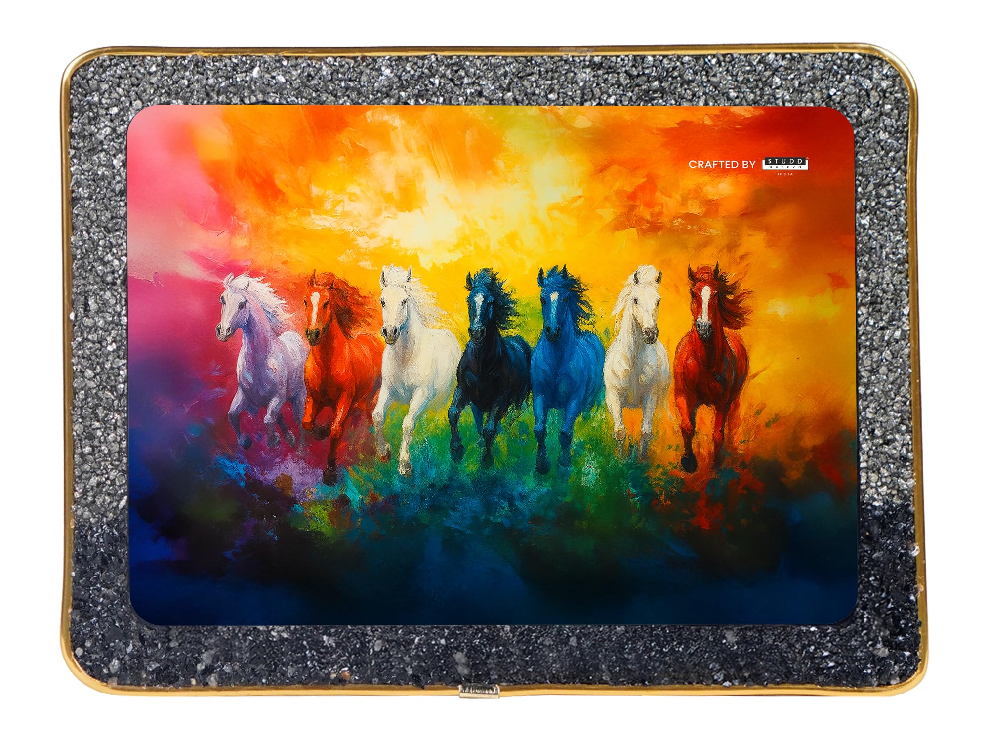 Studd Muffyn 7 Rainbow Richie Rich Horses of Harmony With Gold Frame | Richie Rich Horse Painting for Living Room | Vastu Home Decoration Item | Pyrite & Obsidian Crystal Wall Décor (Rectangle)-image-30