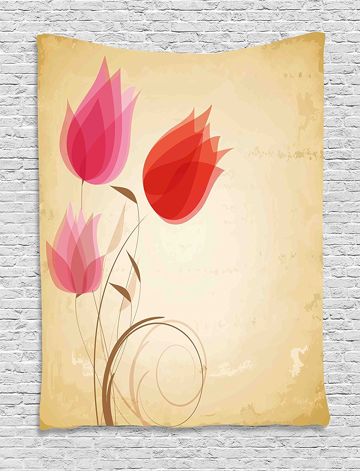 Floral Tapestry, Tulips Flourishing Hazy Florets Essence Nature Beauty Themed Flower Design, Wall Hanging for Bedroom Living Room Dorm, 40 W x 60 L Inches, Sand Brown Red Pink