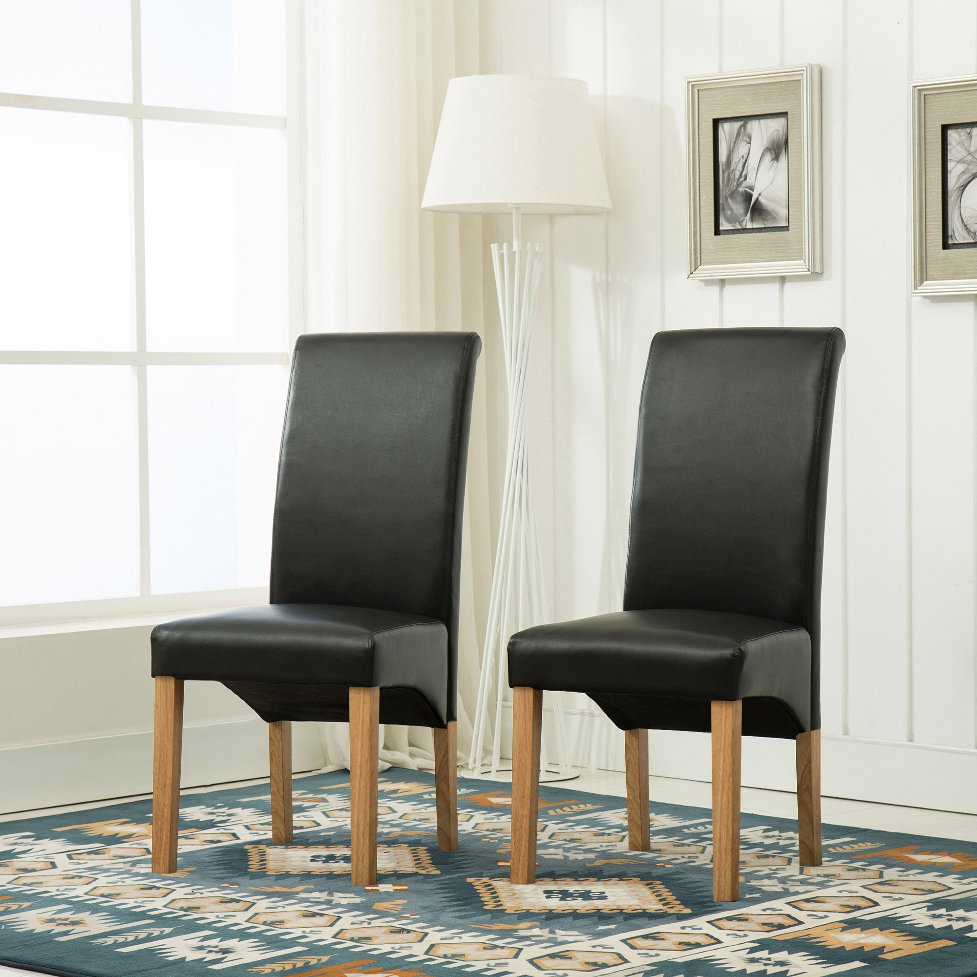 MCC Set of 2 Faux Leather Dining Chairs Roll Top Scroll High Back For Home & Commercial Restaurants (black)
