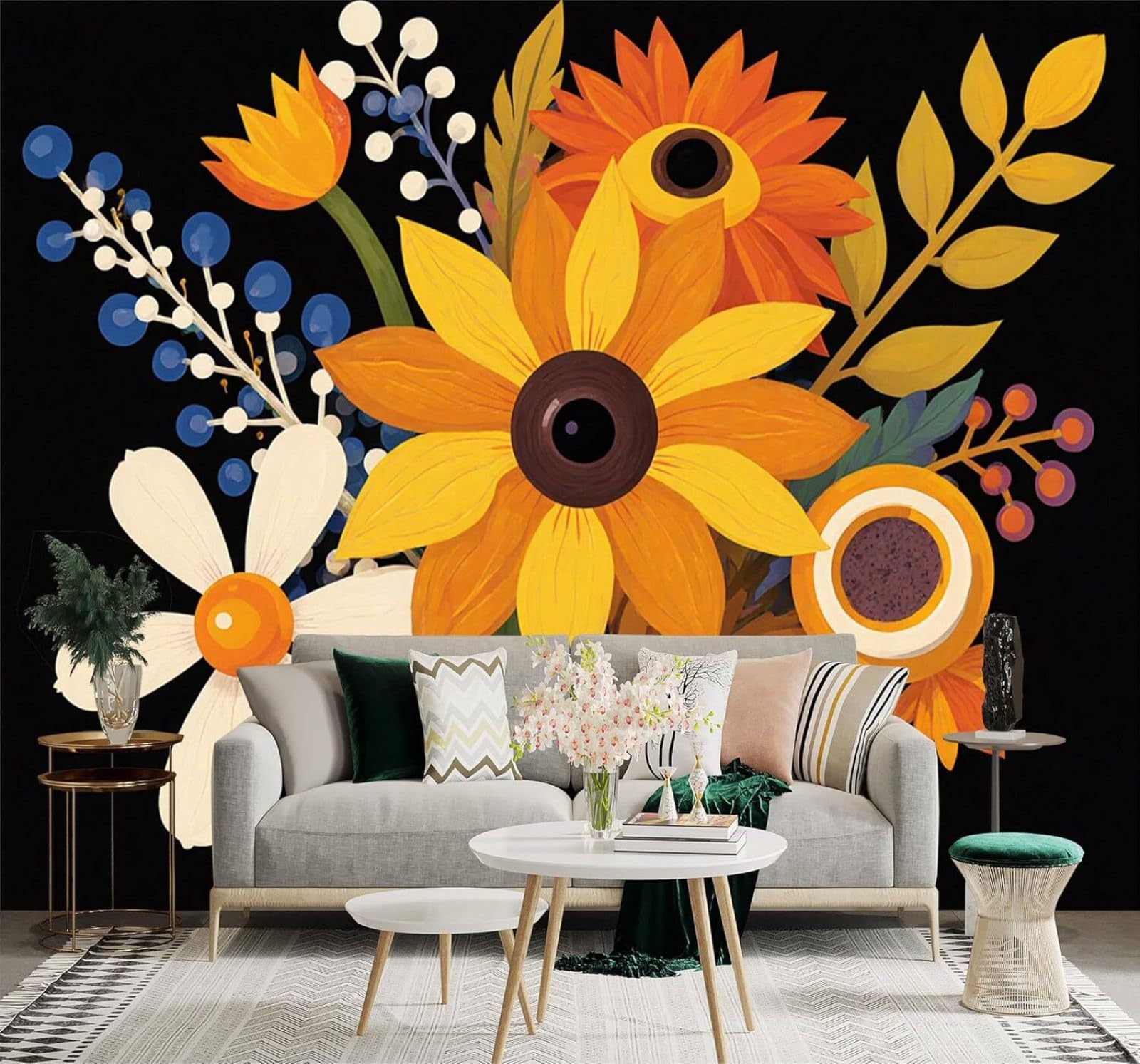 XLMING Colourful Sunflowers Vase Leaves Berries 3D Wallpaper Premium Textured Silk Study Dining Living Room Bedroom Sofa TV Wall Easy Install-350cm×256cm