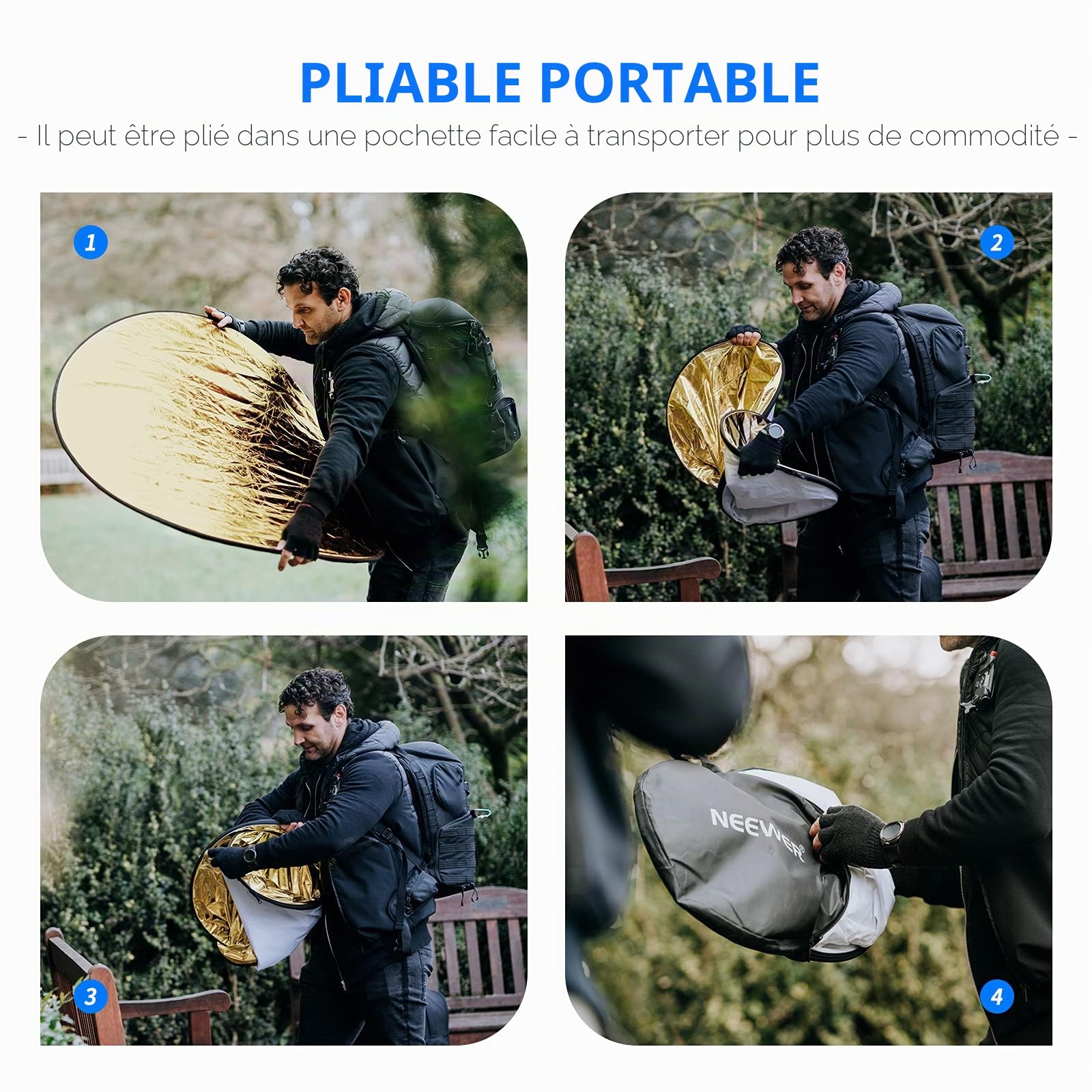 Neewer® Réflecteur de lumière 5 en 1 - Blanc translucide, Pliable, pour Prendre des Photos ou enregistrer des vidéos en Studio - 110 cm - Noir, doré, Argent, Blanc