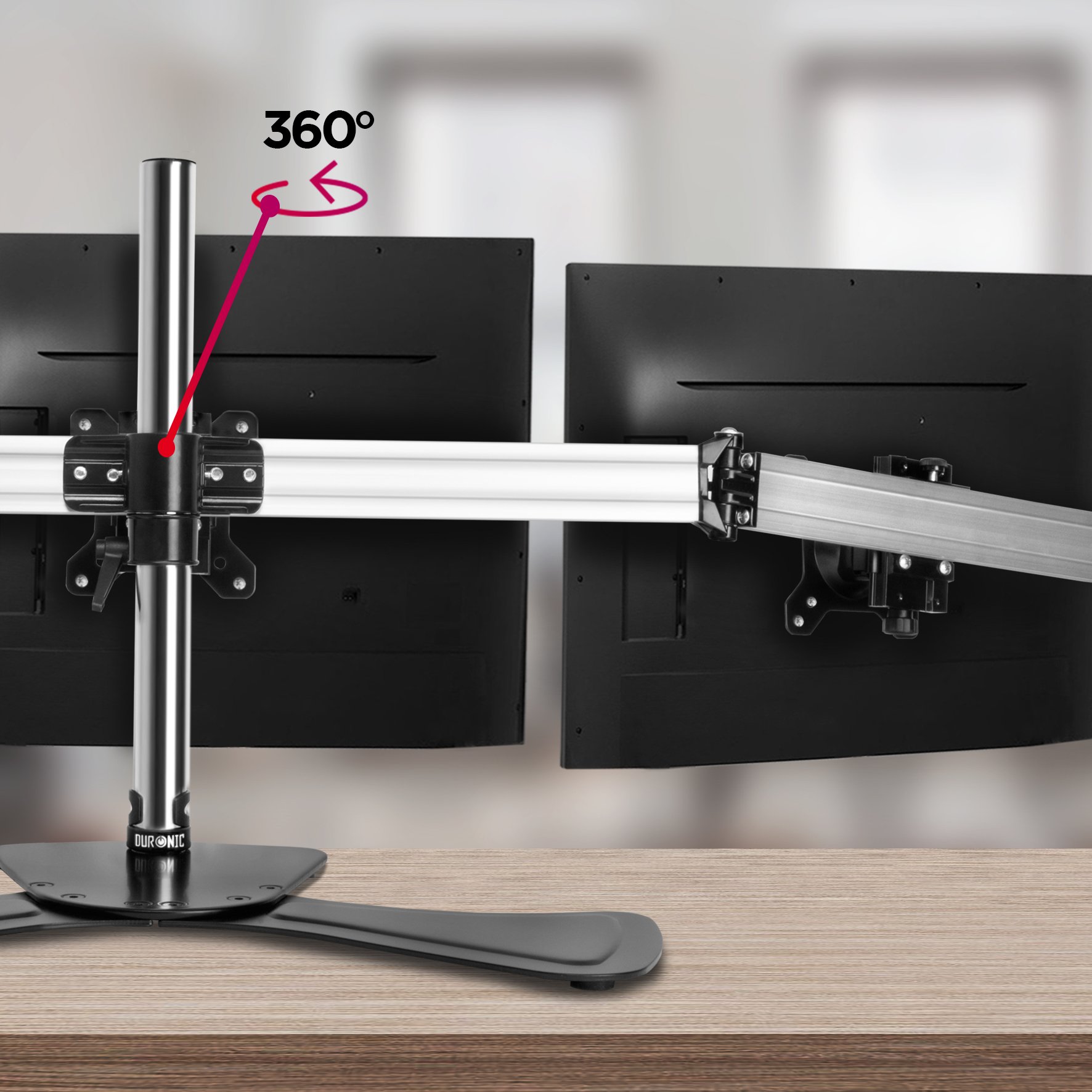 Duronic DM753 Support 3 écrans de PC sur Socle Hauteur Ajustable Rotatif Inclinable Compatibilité avec Moniteur VESA 75 100 Potence et Bras en Aluminium Passe câble Inclus