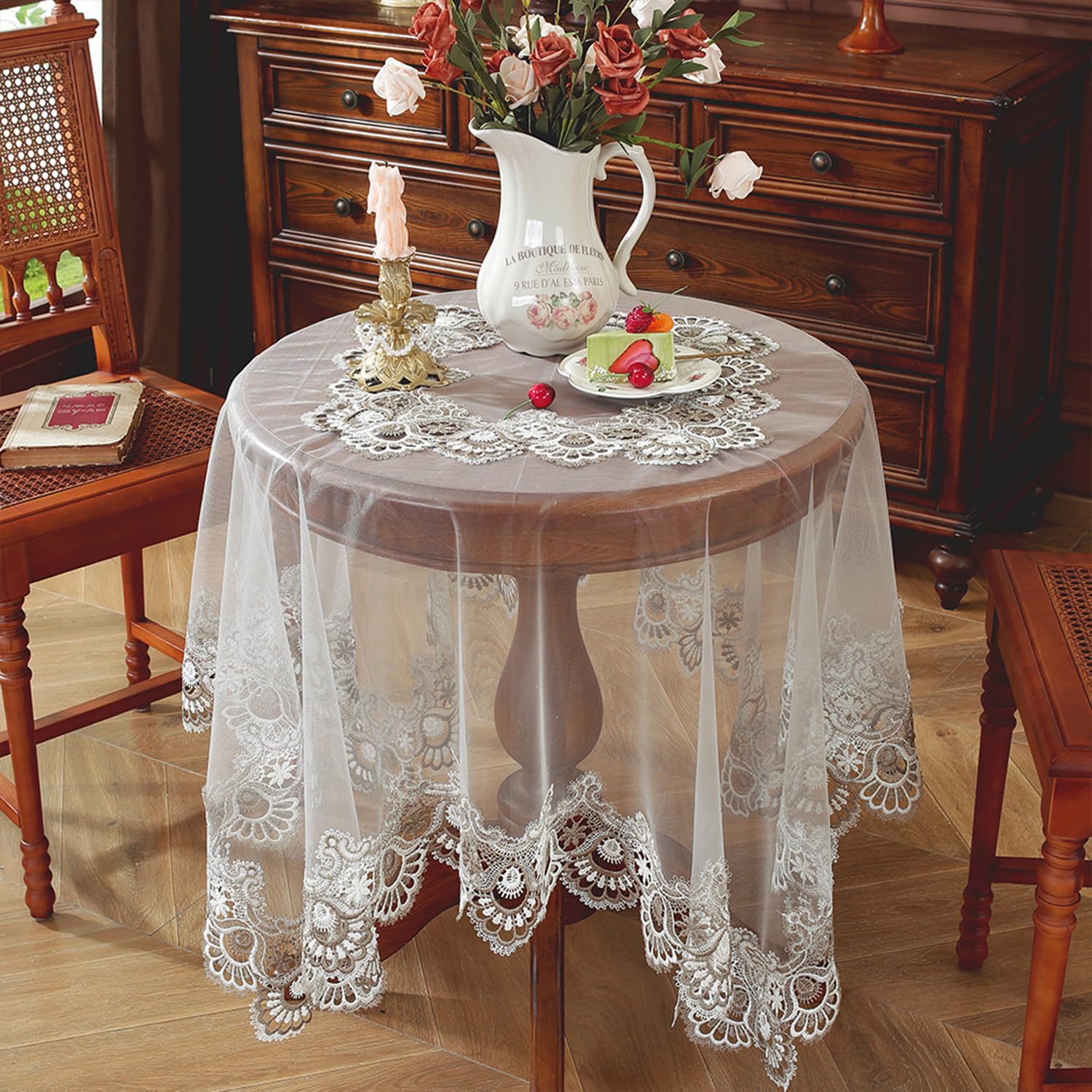 FOELANNE Embroidered Lace Tablecloth, Macrame Lace Embroidered Square Tablecloth Multicolor 85-145cm(Brown,110x110cm)