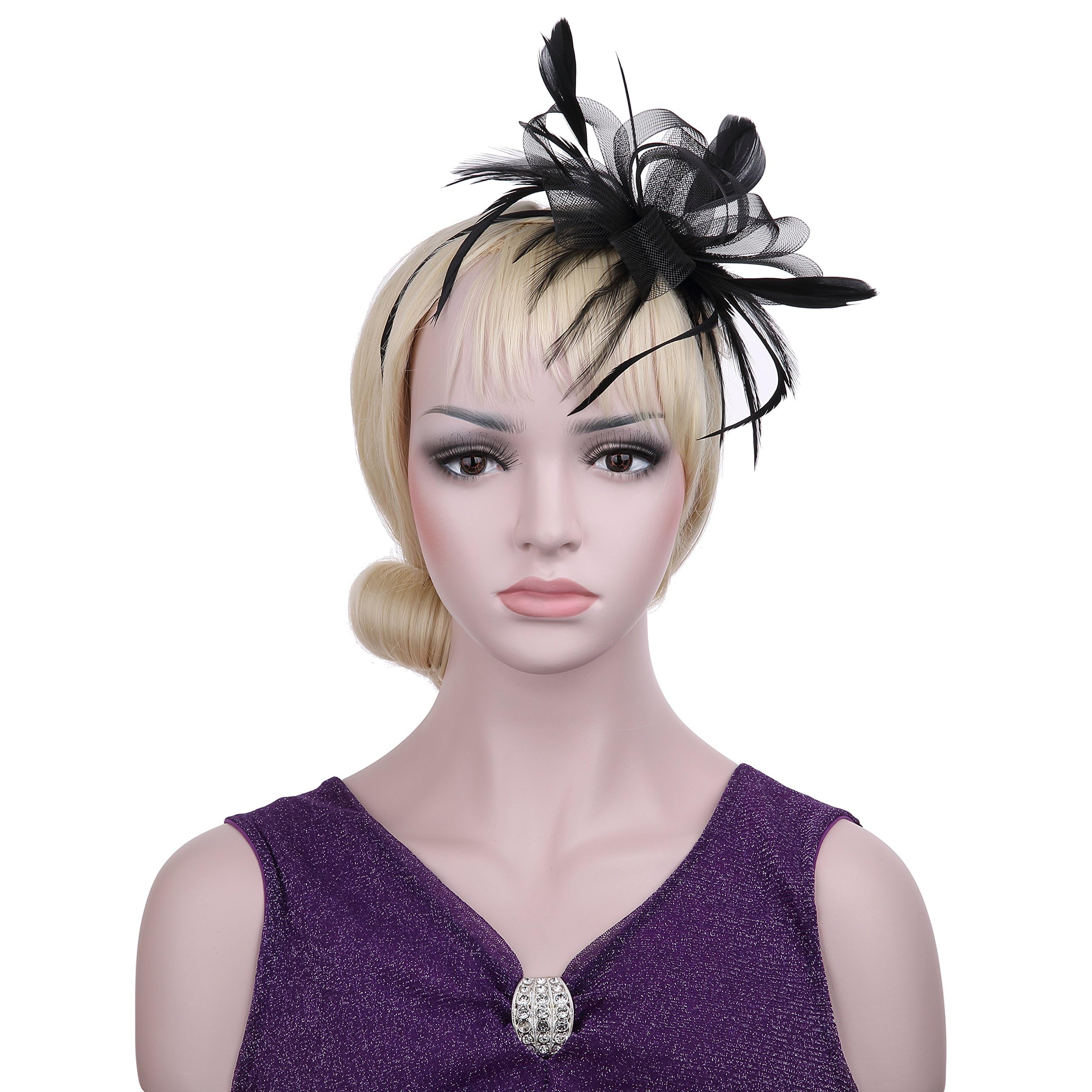 Tocado de plumas para cóctel de flores, fiesta de té, sombrero Derby para niñas y mujeres (negro, talla única)