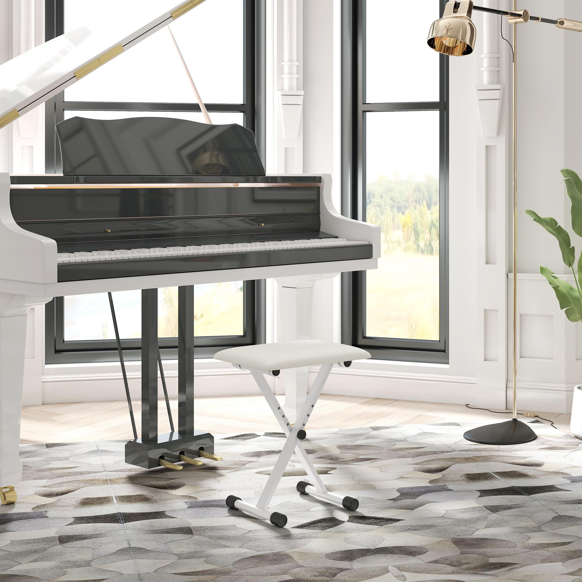 HOMCOM Tabouret Piano Pliable, Banc Piano réglable en Hauteur de 37 à 47 cm, siège rembourré en PU et Pieds en métal antidérapants, Charge 100 kg, Blanc