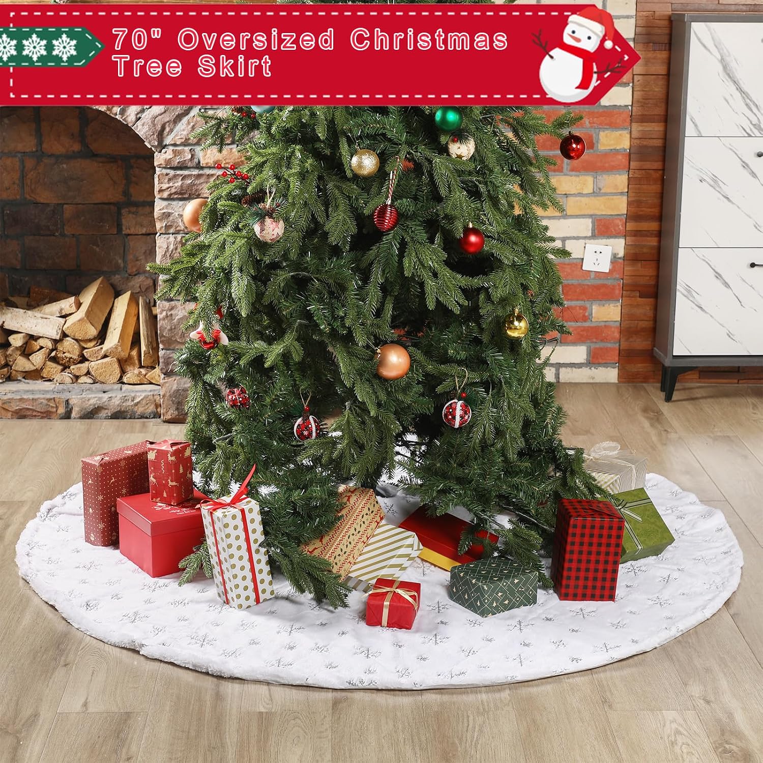 Libima 70 Inches Large Christmas Tree Skirt Faux Fur Xmas Tree Skirt White Plush Velvet with Silver Sequins Snowflakes for Xmas Decorations Merry Christmas Party Winter Home Holiday Ornaments