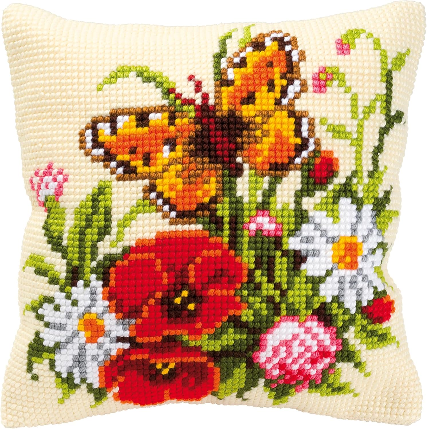 Cross Stitch Cushion Kit Flowers with a Butterfly