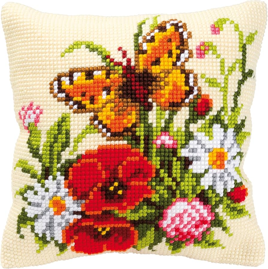 VERVACO Borduurpakket Kussen Kruissteek KLEURRIJKE LENTEBLOEMEN Voorbedrukt Handwerkpakket voor Sierkussen 40 x 40 cm Zelf Maken Knutselen voor Volwassenen Woondecoratie DIY Kit