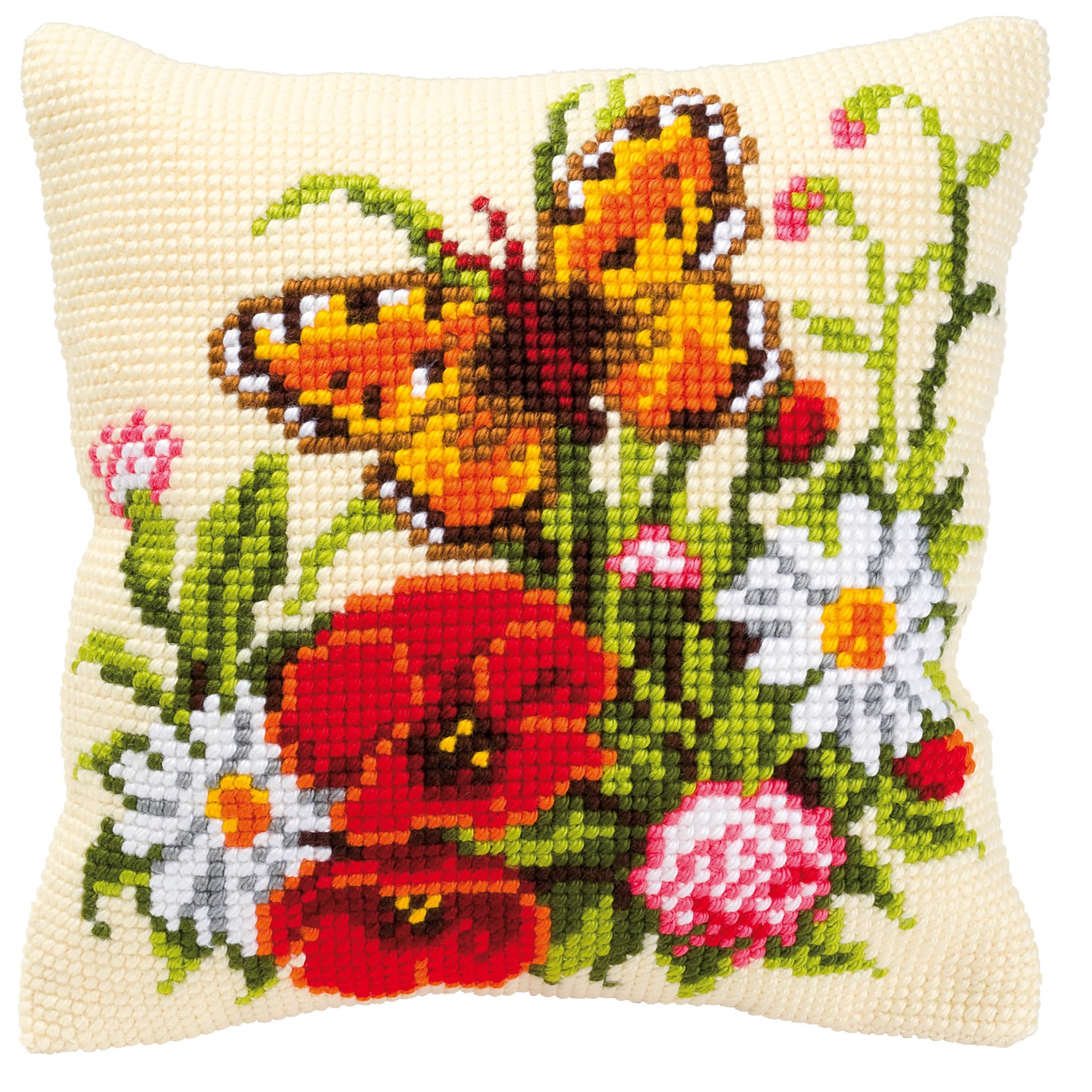 Vorgedrucktes Kreuzstich-Kissen-Set – Blumen mit Schmetterling, 40 x 40 cm