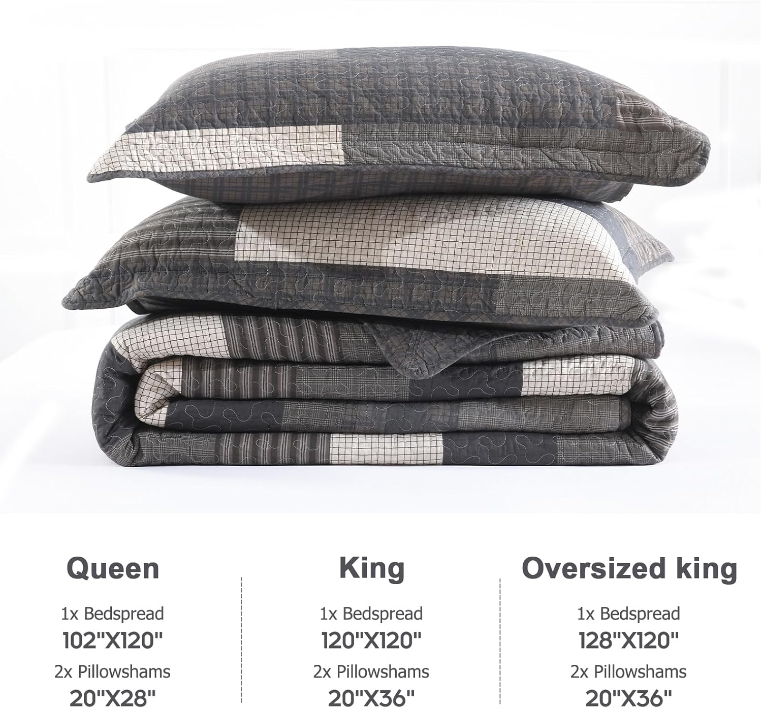 Finlonte 102"x120" Oversized Queen Bedspread - 100% Cotton Lightweight Quilted Bedspreads Coverlet Set, Farmhouse Striped Plaid Oversized Queen Quilt with 2 Pillow Shams, Beige/Cream/Taupe, 3 Pieces