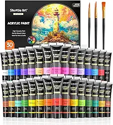 Shuttle Art Conjunto de tinta acrílica de 30 cores, tubos de 36 ml com 3 pincéis, tinta acrílica de grau artístico, para crianças, adultos, iniciantes, pintura em artesanato, tela, rochas de madeira