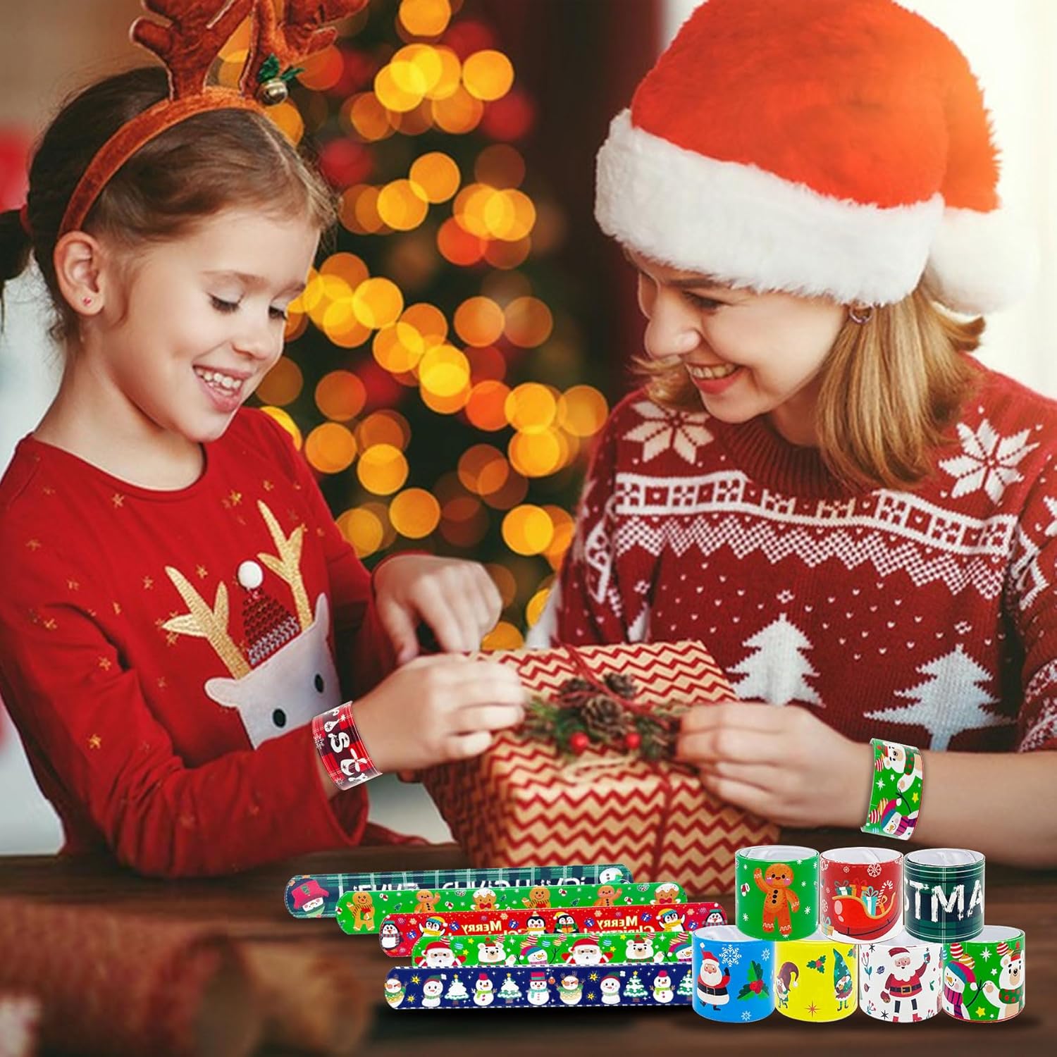 JUNEBRUSHS 56 Pack Christmas Slap Bracelets Xmas Slap Bands Wristband Party Favors Snap Bracelets Bulk for Christmas Gifts Toys Stocking Stuffers - Image 5