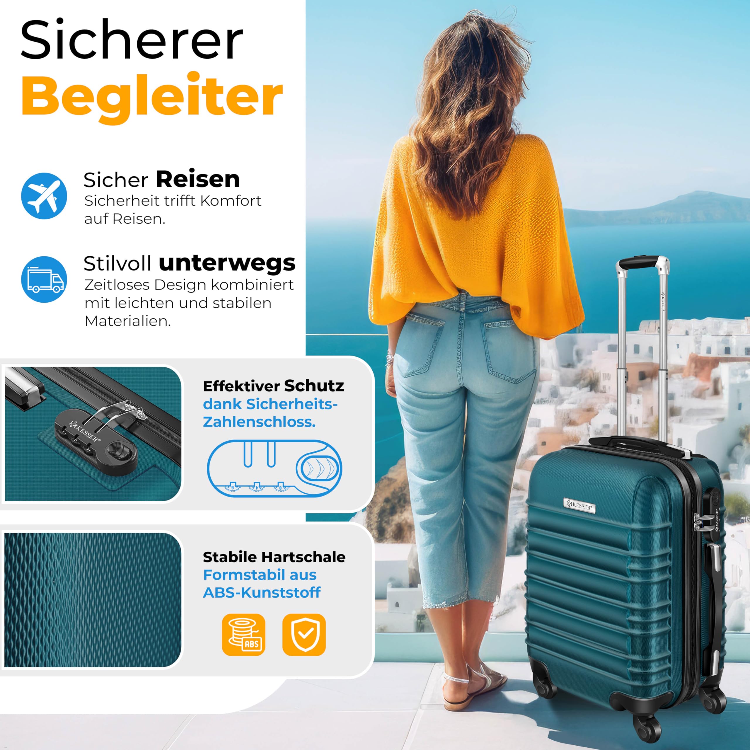 KESSER® Set di 3 valigie rigide, set di valigie da viaggio, set di valigie trolley, incl. bilancia per bagagli + etichetta per bagagli, chiusura per valigie rotolanti, manico telescopico M-L-XL