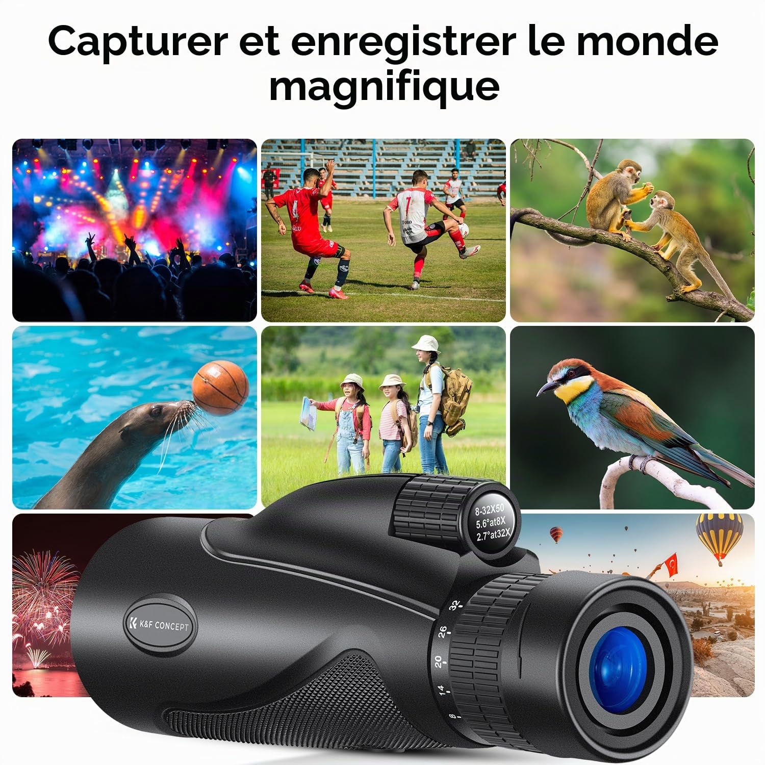 K&F Concept Télescope monoculaire HD 8-32X50 Zoom continu avec Clip pour téléphone Portable pour l'observation des Oiseaux, la Chasse, la randonnée, Le Concert