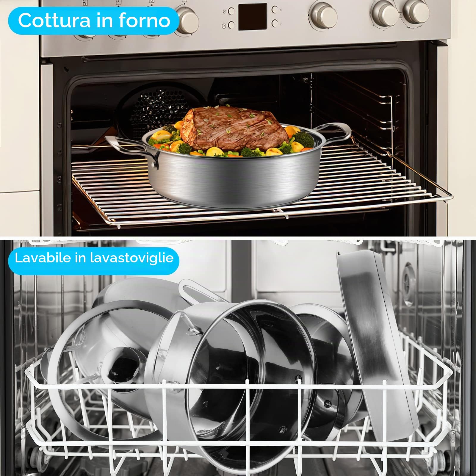 Set di pentole e padelle in acciaio inox, 7 pezzi, con coperchi in vetro, manico per mantenere il freddo, adatto al forno, funziona con piani cottura a induzione/elettrici e a gas, lavastoviglie