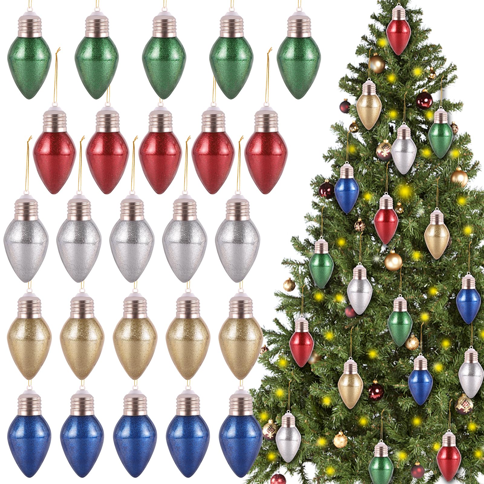 25 Pcs Christmas Glitter Lightbulb Shaped Ornament Light Bulb Christmas Tree Decorations Mini Rustic Christmas Ornaments Plastic Christmas Ornaments for Xmas Trees DIY Crafts