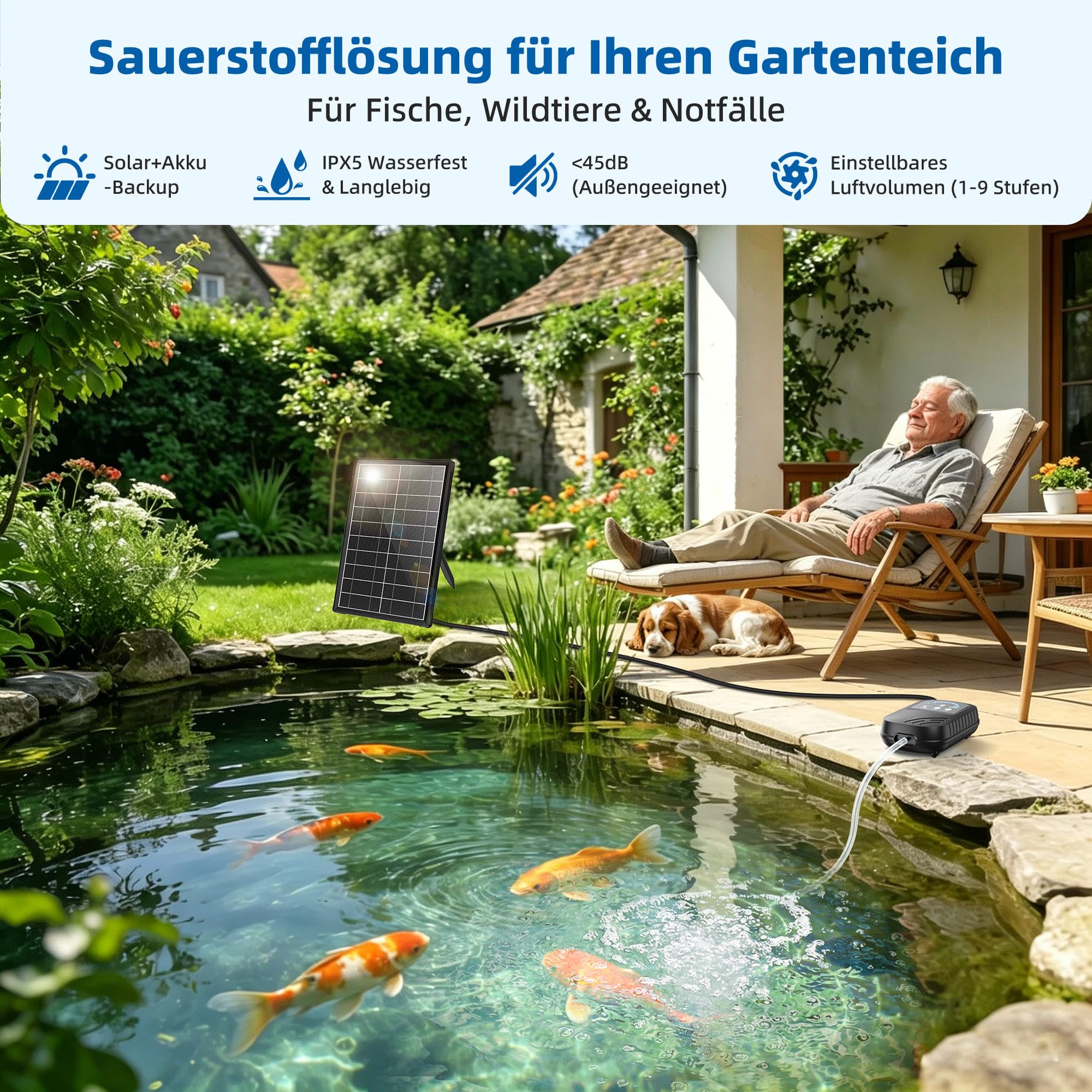 Biling Solar Teichbelüfter 8W Sauerstoffpumpe Teich Solar mit 5000mAh Akku Leise Teichluftpumpe Für Gartenteich Aquarium Winterfrostschutz Einstellbarer Luftstrom 2 Auslässe, auch an Bewölkten Tagen