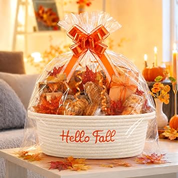 Hello Fall Basket, Fall Woven Bow Gift Basket with Embroidered Hello Fall