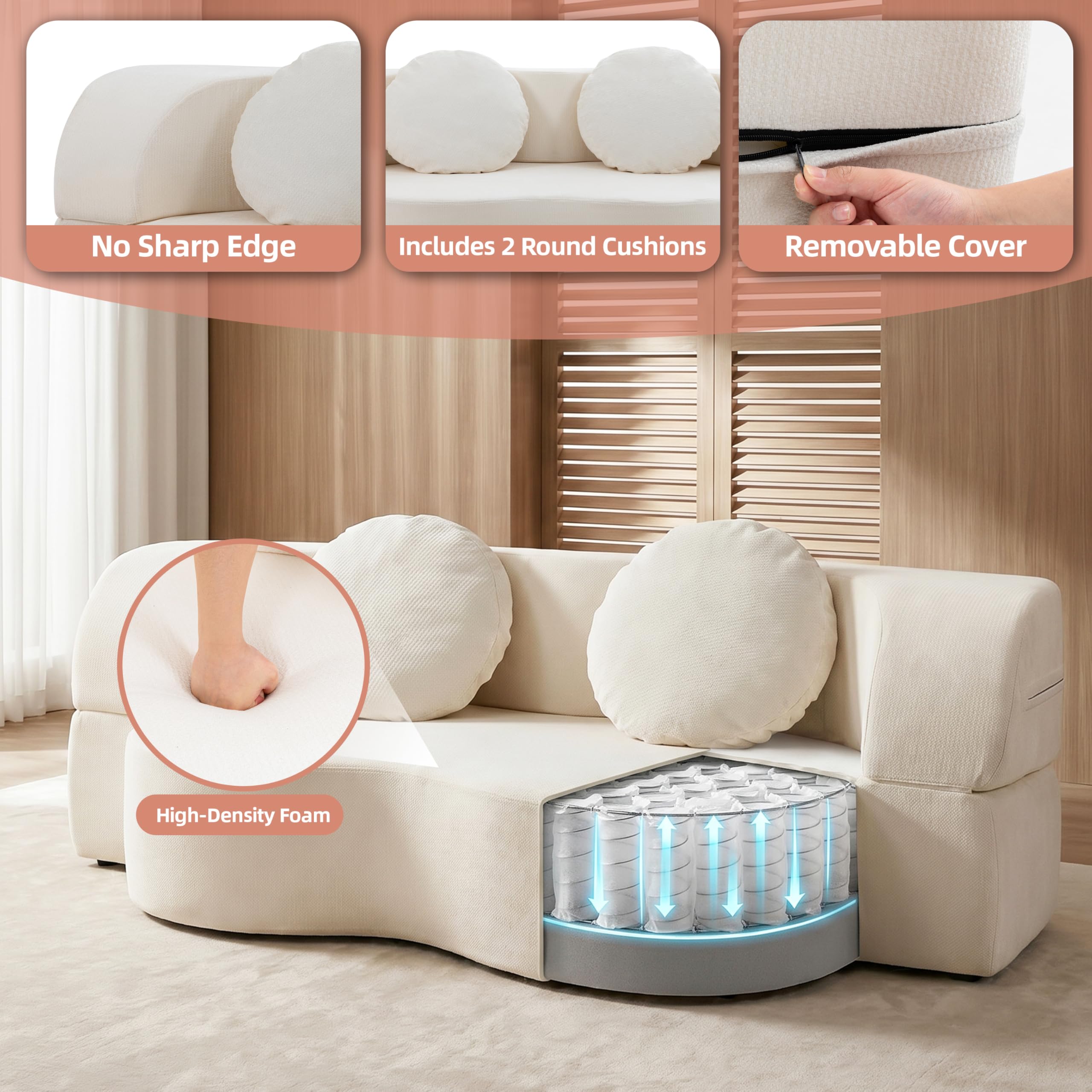 Nuturelly 78" Floor Sofa Bed, Convertible Couch, No Assembly, White | Safe for Kids & Pets, High-Density Foam With Memory Foam Layer, Spot Clean Or Machine Wash Cover, 2 Pillows Included
