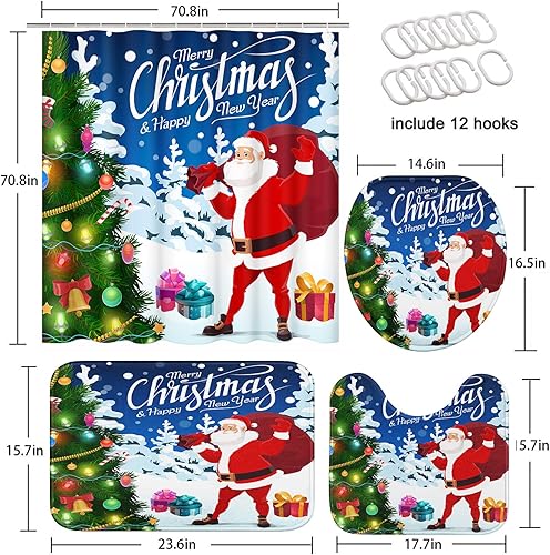 Miniatura 4 de ArtSocket Juego de baño con cortina de ducha y accesorios de alfombras, regalo de árbol de Navidad de Papá Noel, cortina de ducha de nieve para