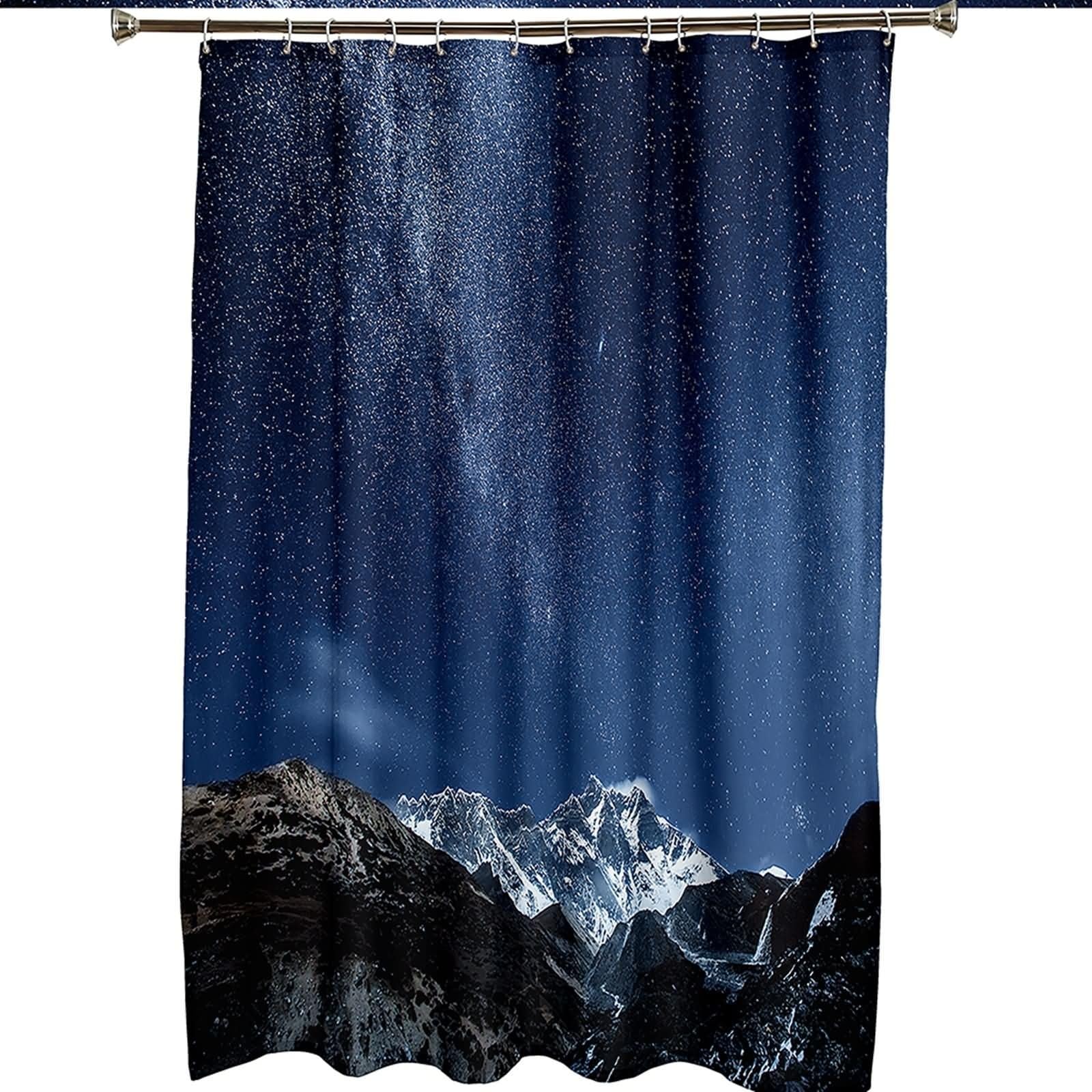 Duschvorhang 180X200, Duschvorhang Textil Waschbar Dunkelblaugrau Sternenhimmel und Berge Schöner Duschvorhang