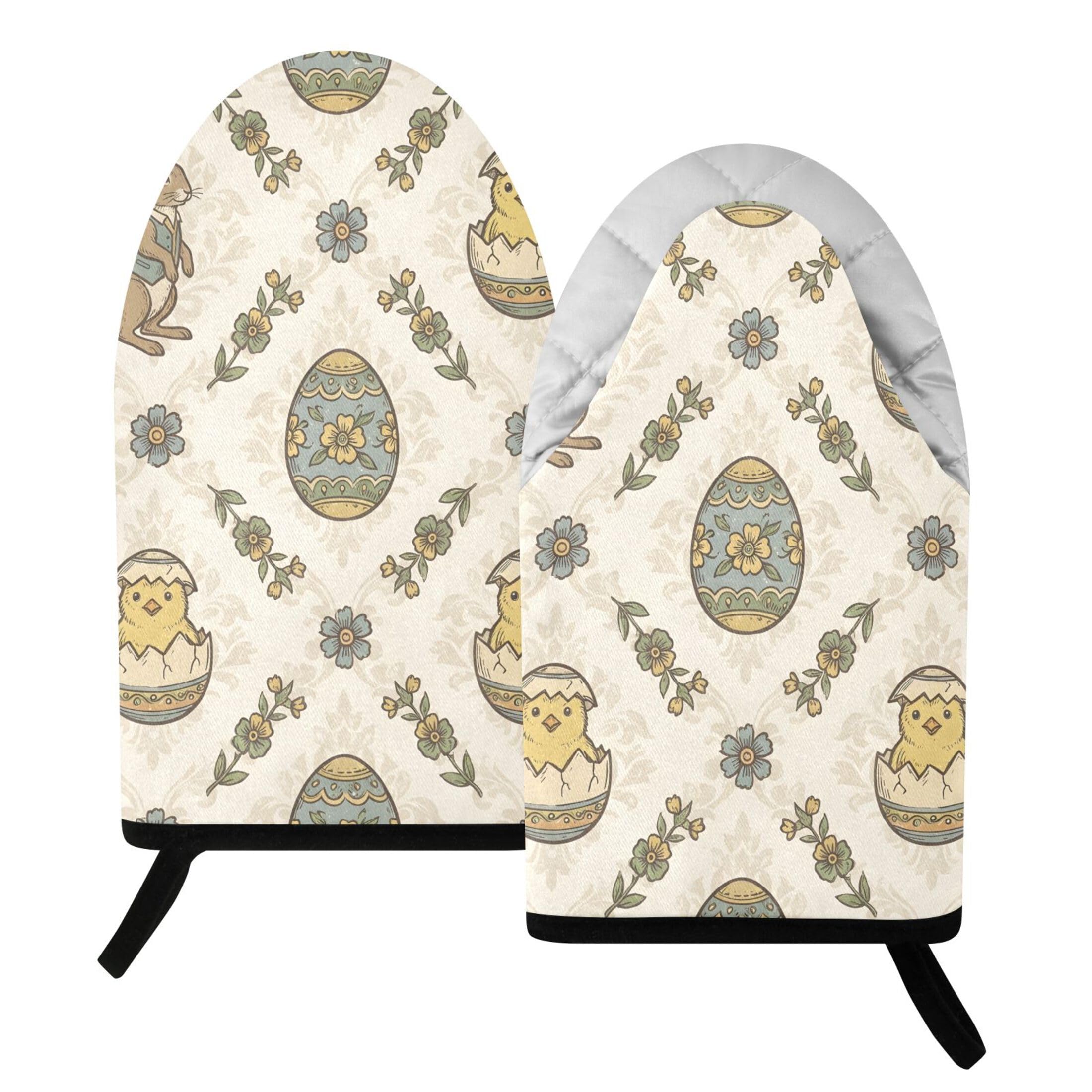 Kutsu Easter Egg Bunny Chicken Oven Mitts for Kitchen, Heat Resistant Cotton Oven Gloves for BBQ Baking Cooking, Breathable Kitchen Essentials, 2 pcs