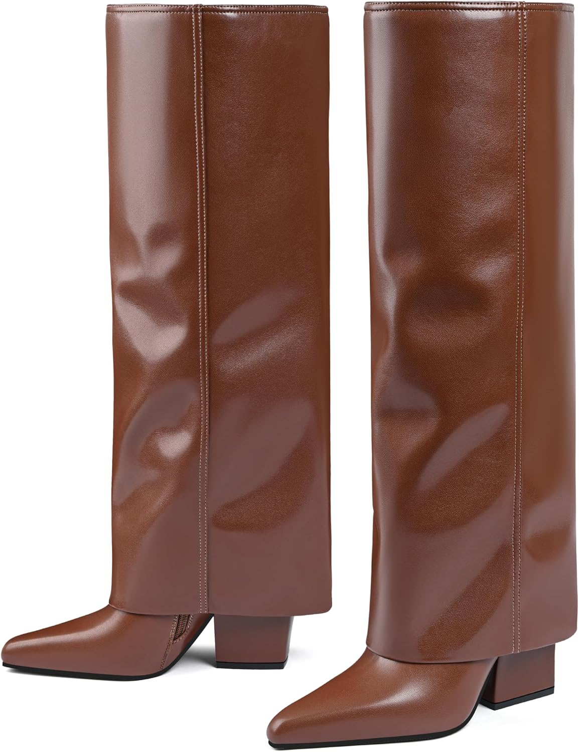 Vaslemuse Knee High Boots for Women Fold Over Pointed Toe Shark Tall Boots Block Low Heel Long Boots with Side Zipper