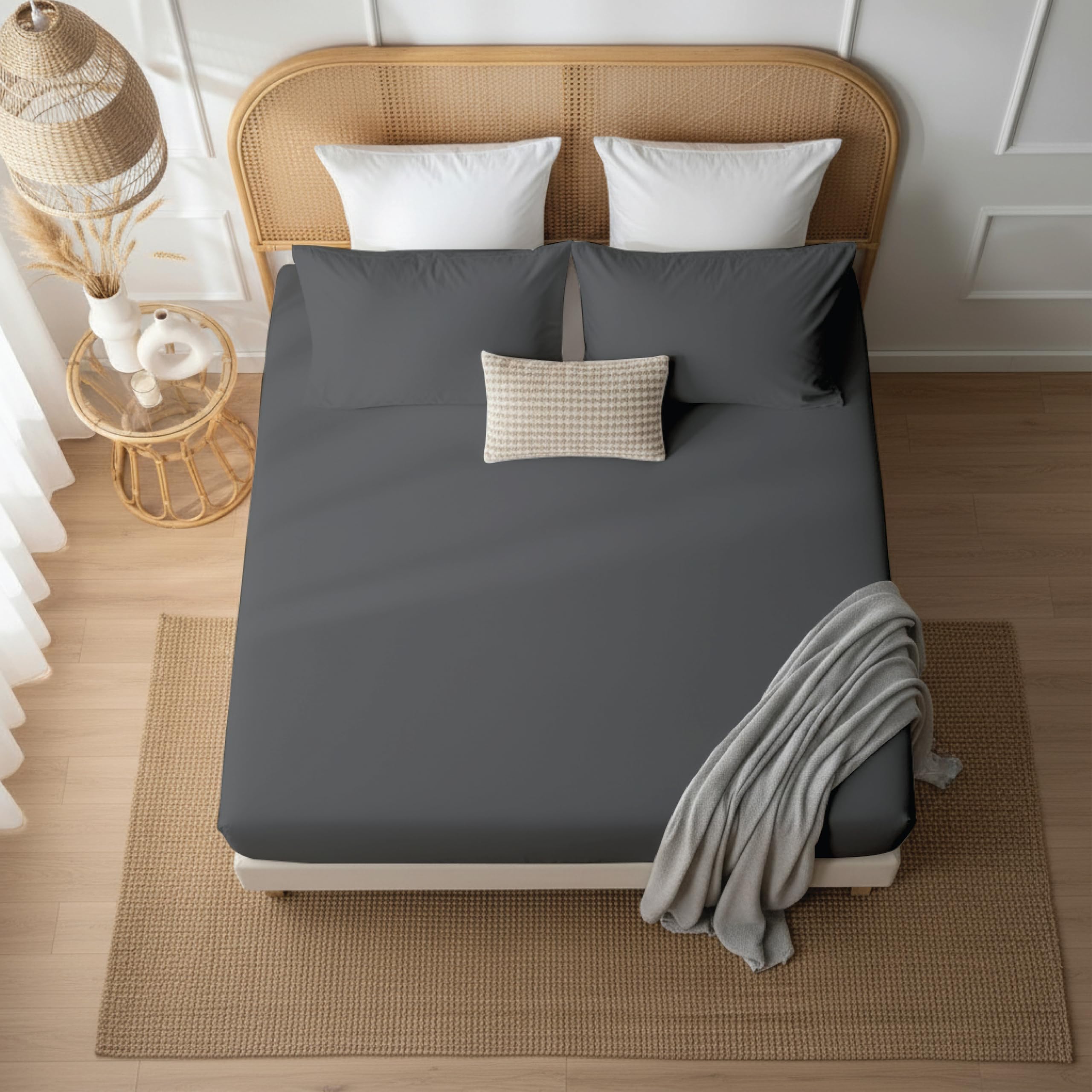 J.Din 100% Egyptian Cotton Fitted Sheet 300 Thread Count Breathable Hotel Quality Bedding 12” / 30cm Deep Pocket Bed Sheets (Charcoal, King)