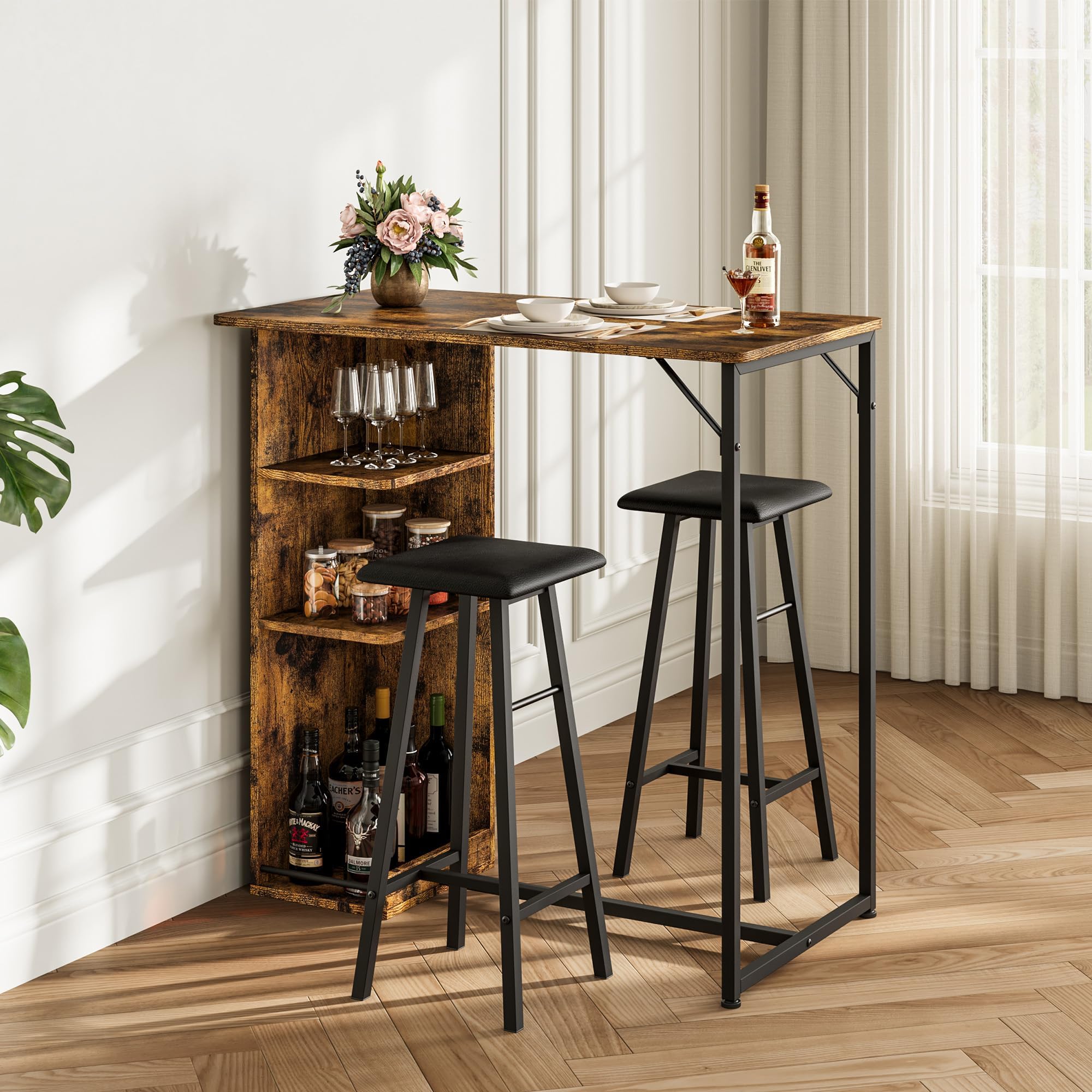 3-Teiliges Bartisch-Set, Essgruppe Mit 2 Hockern Und 3 Ablagen, Weiches