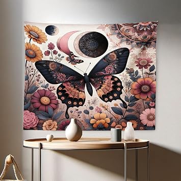 Ambesonne Boho Tapestry, Witchy Floral Garden Scene Moon and Butterfly with Mandala Ornaments Spring, Fabric Wall Hanging Decor for Bedroom Living Room Dorm, 28" X 23", Blush Dark Slate Blue