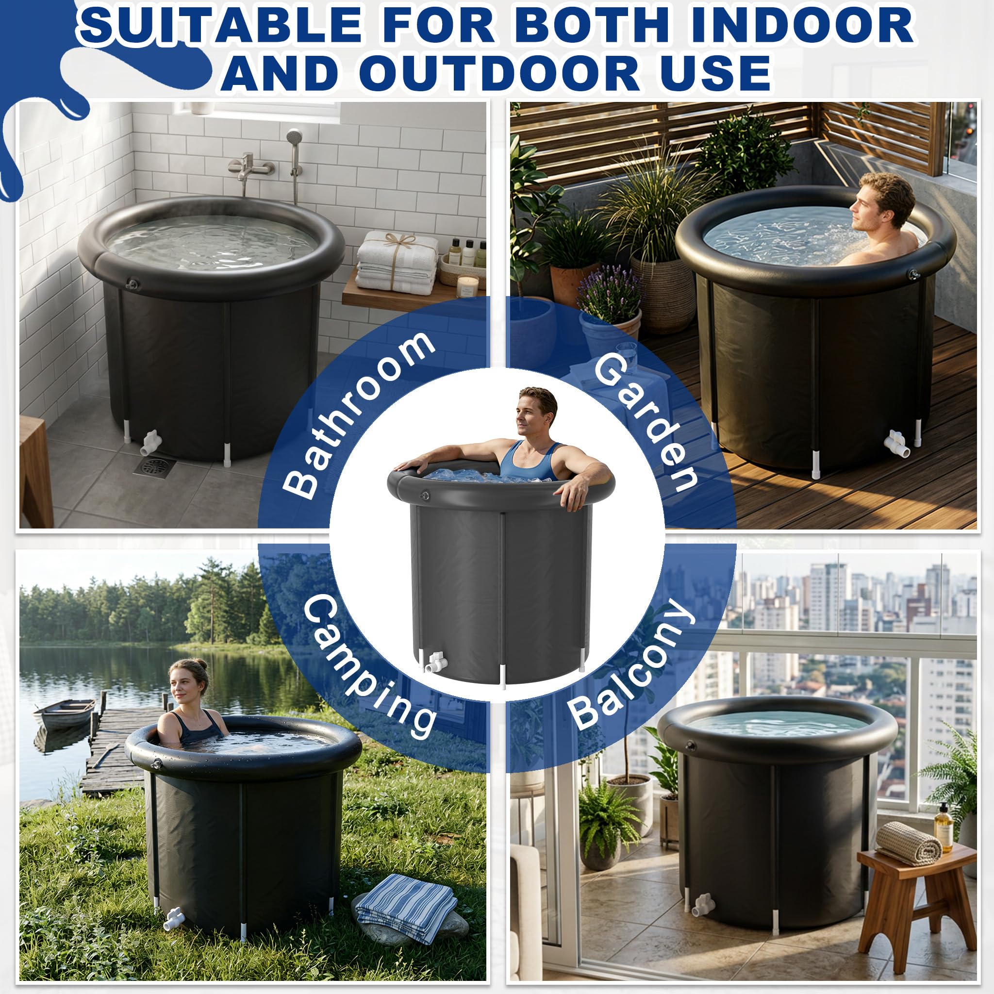 UISEBRT Boccetta per il bagno di ghiaccio con copertura, Ø 90 cm, per atleti, atleti, autoportante, 397 l, portatile, vasca da bagno mobile per casa e all'aperto