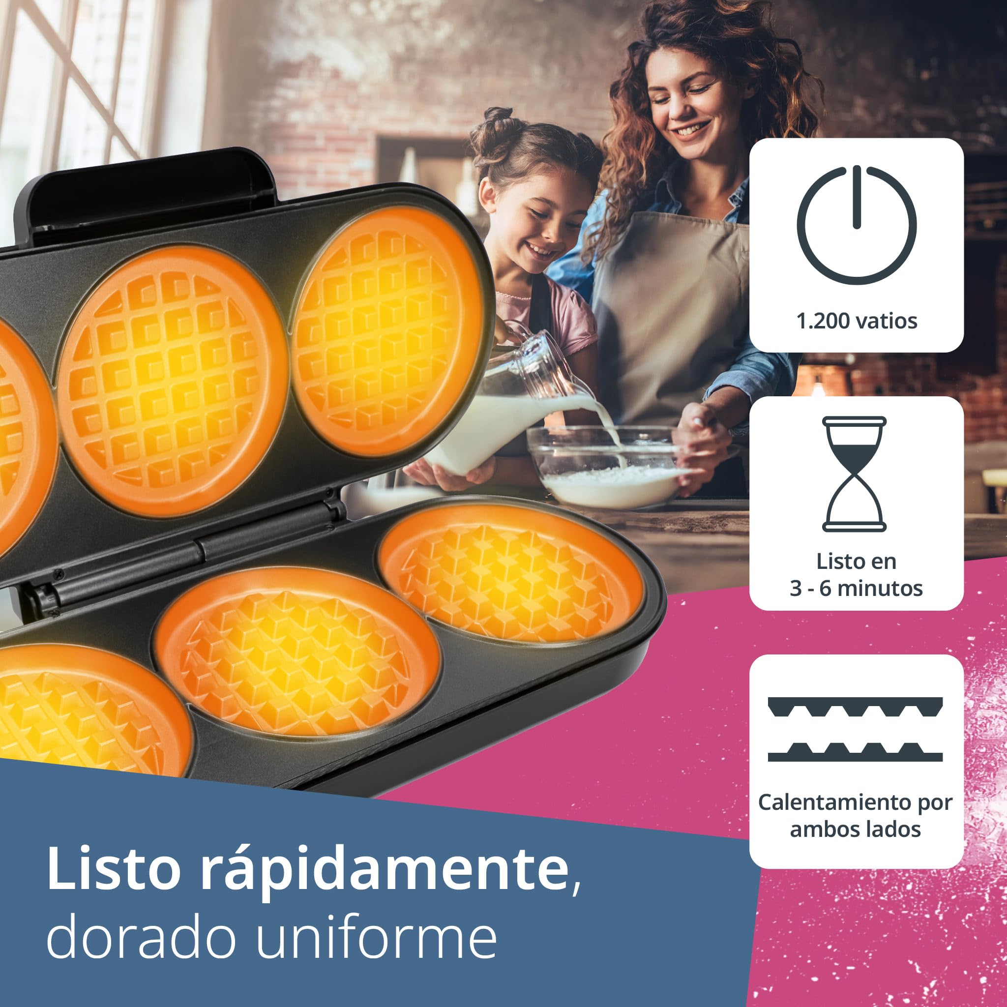 ADE Gofrera XL para 3 gofres redondos al mismo tiempo | 1.200 vatios | waffle maker con revestimiento antiadherente | perfecta para fiestas de cumpleaños infantiles