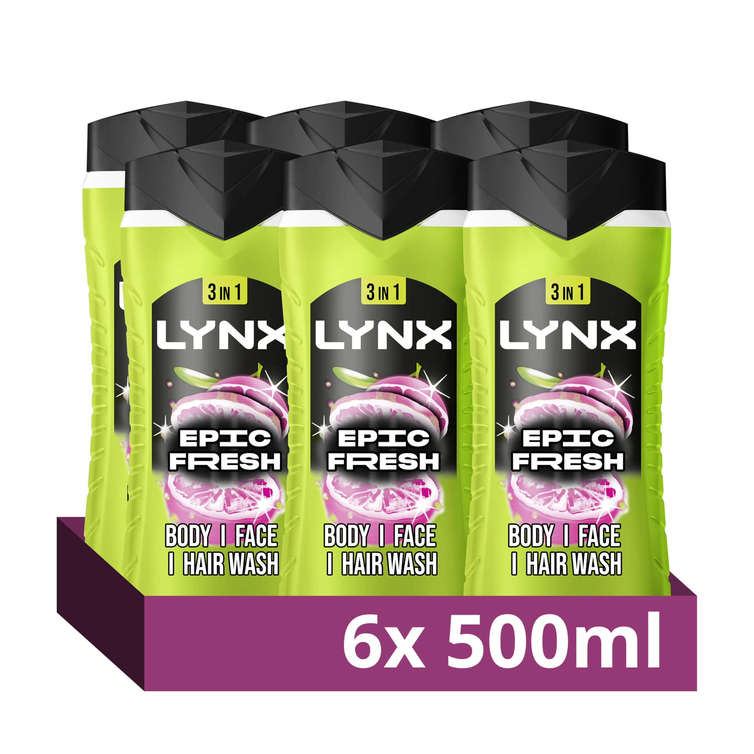 Lynx Epic Fresh 3-in-1 Body Wash Hair, Face and Body Cleanser shower gel with a grapefruit & tropical pineapple scent for an all day fresh & clean feel 6x 500 ml